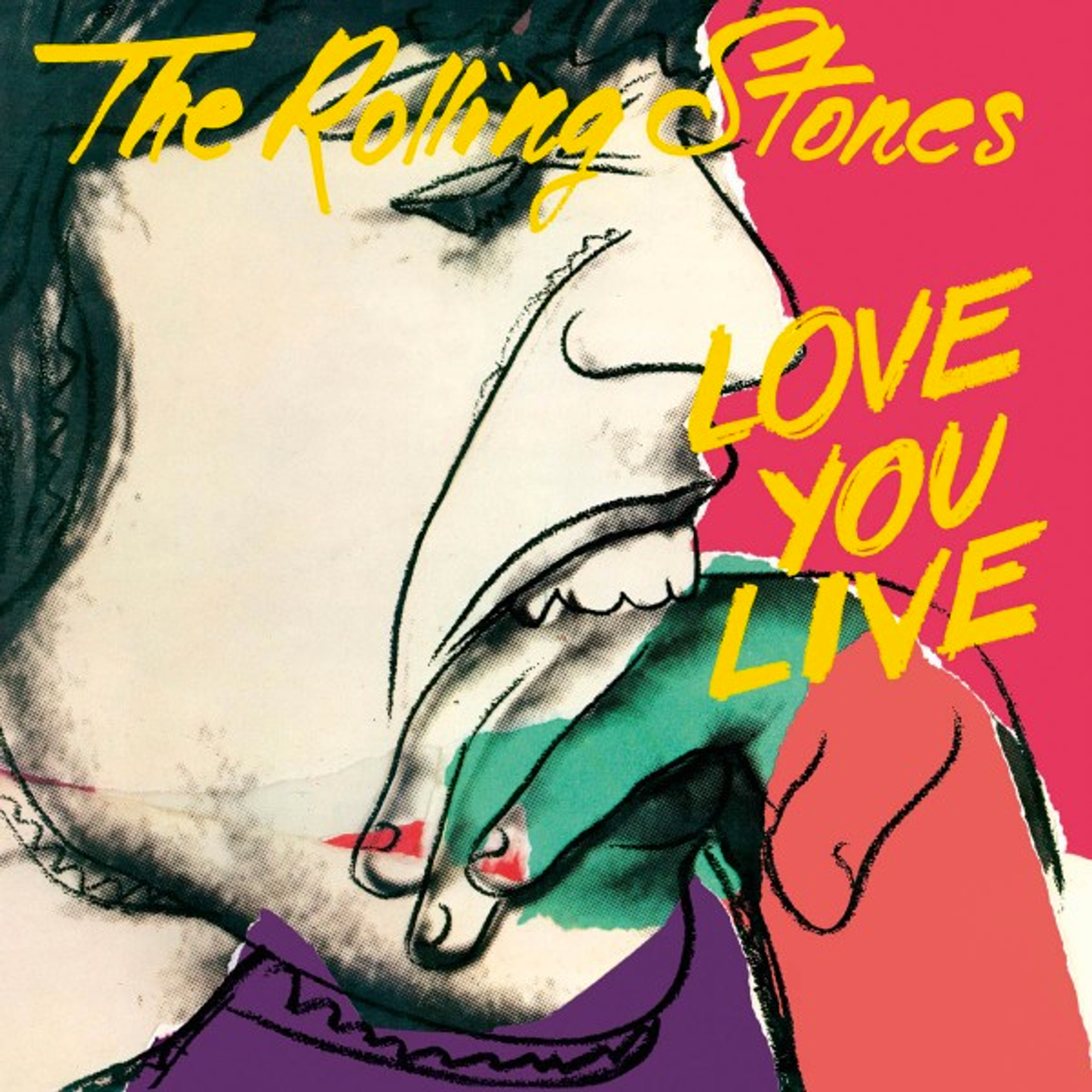 An image of the album cover for Love You Live by the Rolling Stones, showing Mick Jagger playfully biting the hand of a small child. Bright colourblocks are overlaid in his face, which is also outlined in a drawing style.