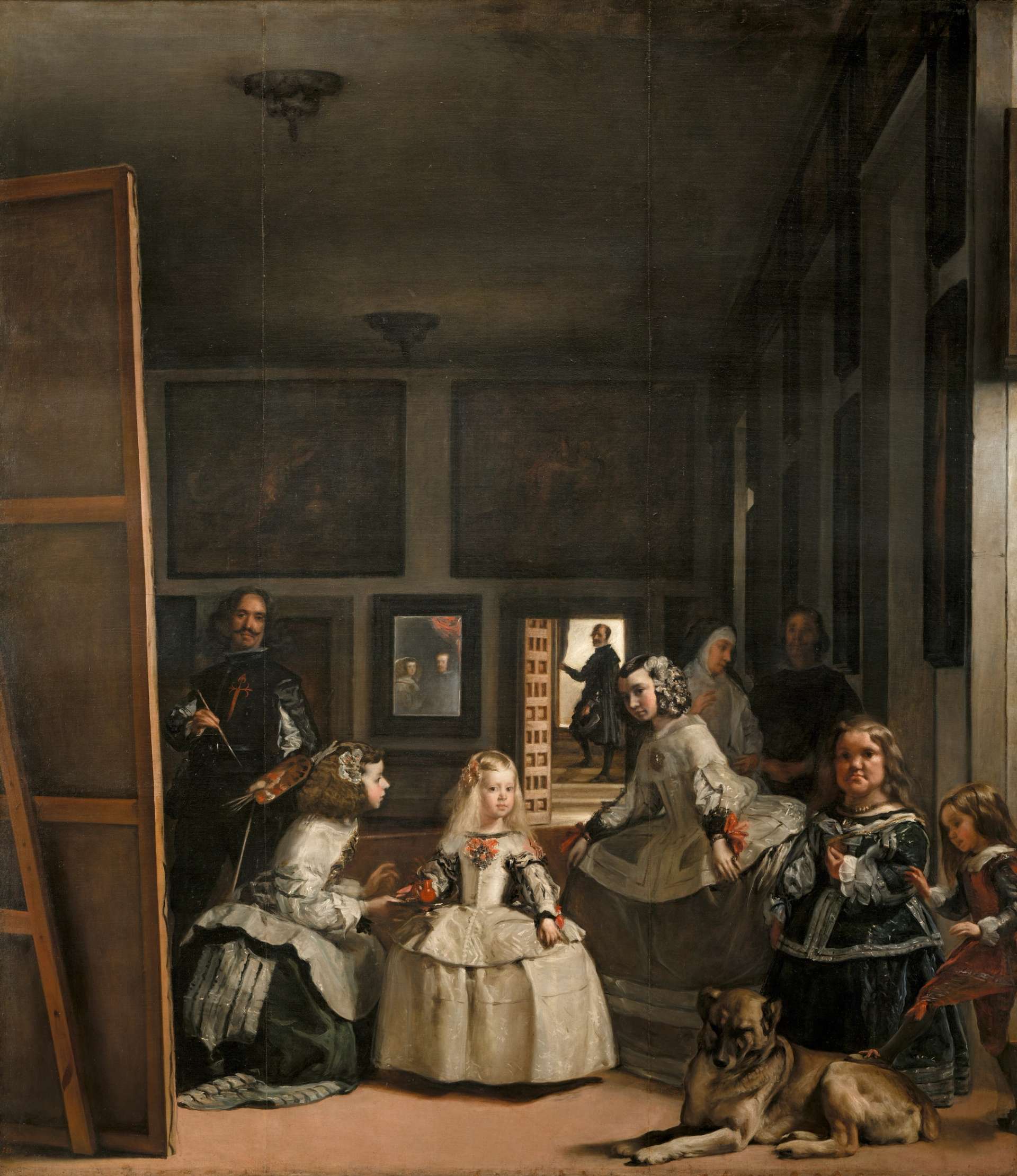 A painting titled "Las Meninas" by Diego Velázquez, depicting a group of figures in the royal court of King Philip IV of Spain, including the artist himself and the young princess Margaret Theresa.