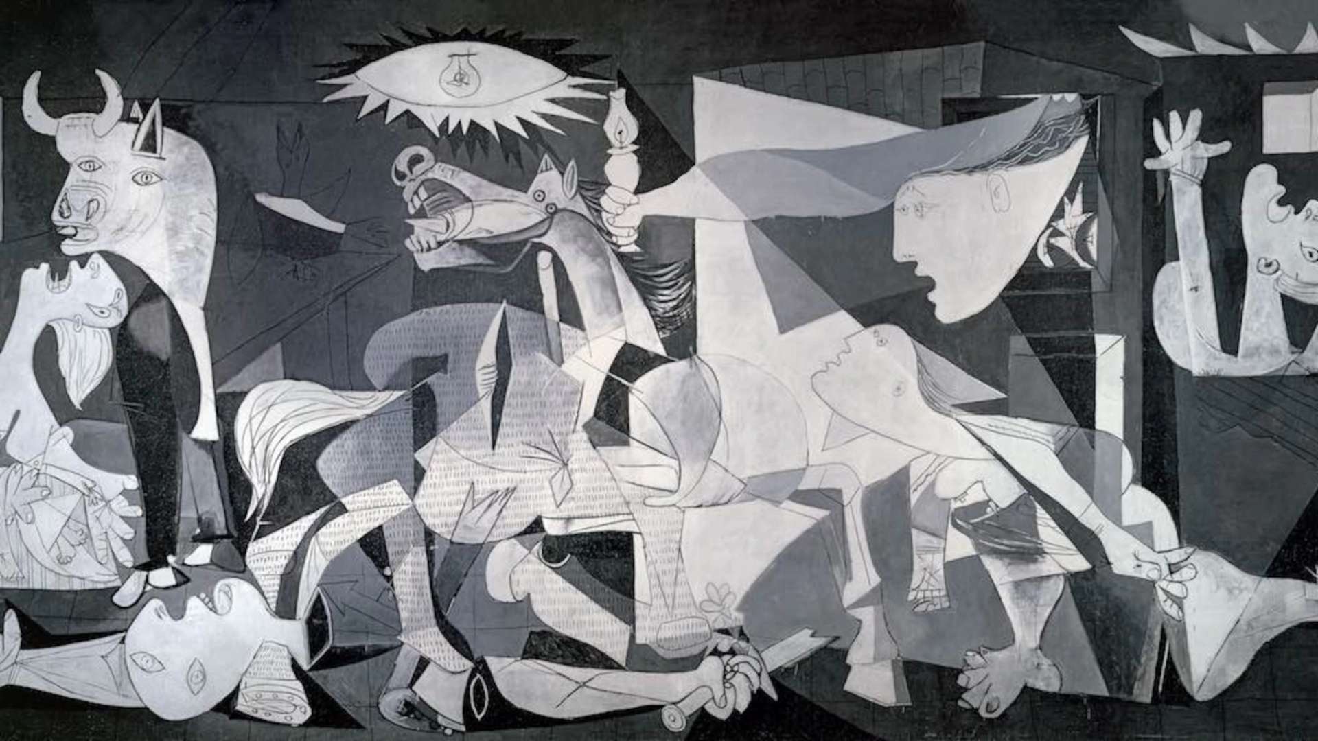 Large greyscale production of Picasso’s Guernica including animals and figurative objects