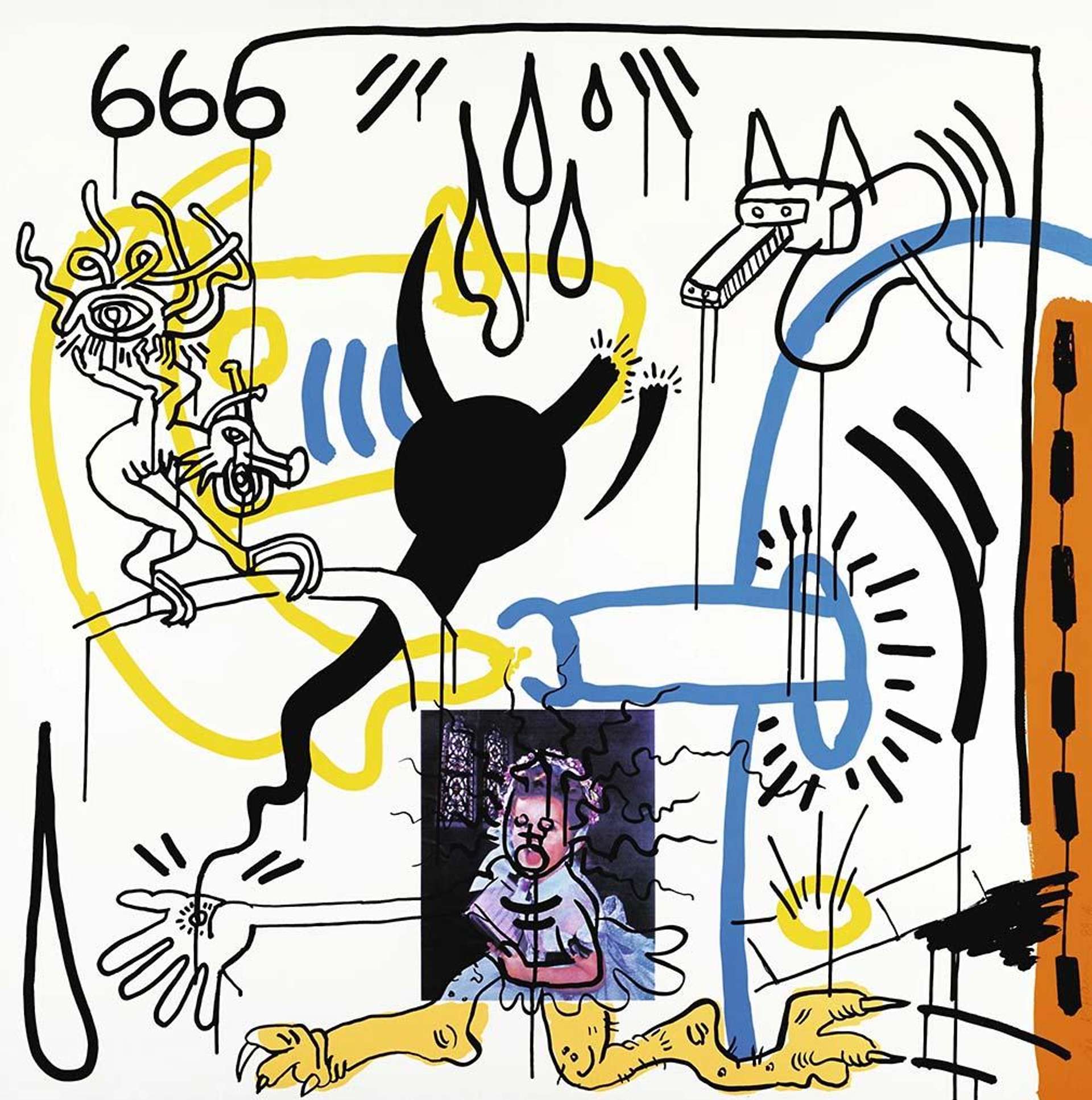 Keith Haring’s Apocalypse 8. A Pop Art screenprint collage featuring photography and animated dream-like figures. 