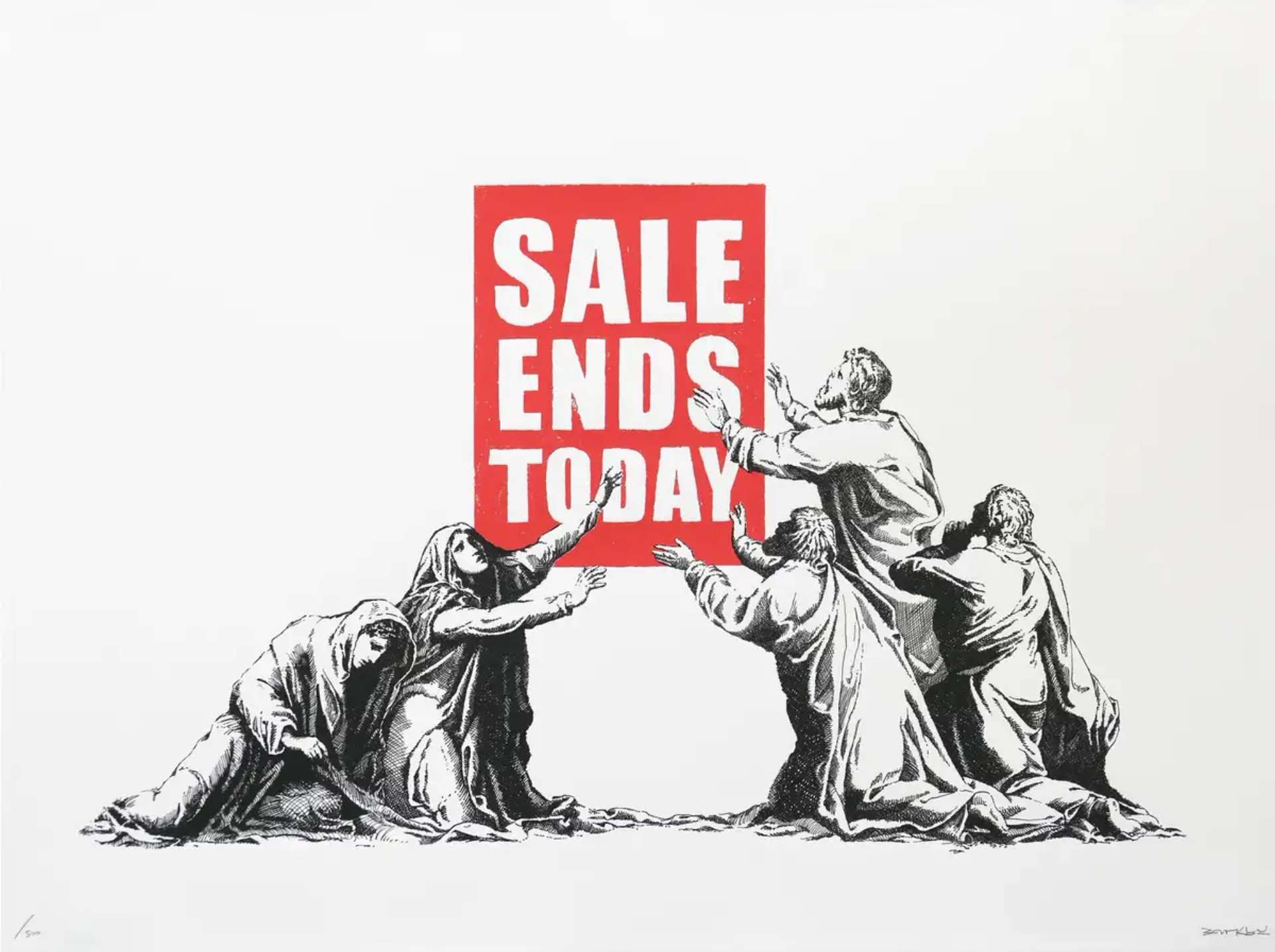 A screenprint depicting figures from the Passion of Christ in black and white, surrounding a red sign at the centre of the composition which reads: SALE ENDS TODAY.