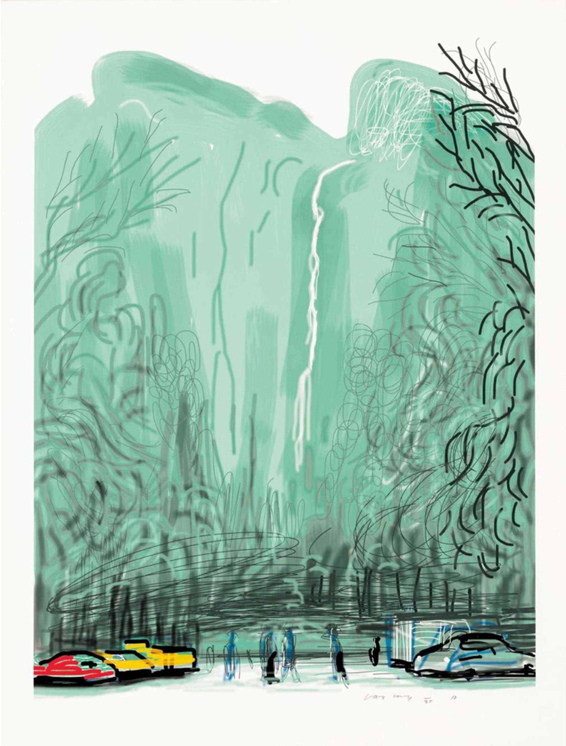 A view of a large Yosemite waterfall by David Hockney, depicted in tones of light green and grey.