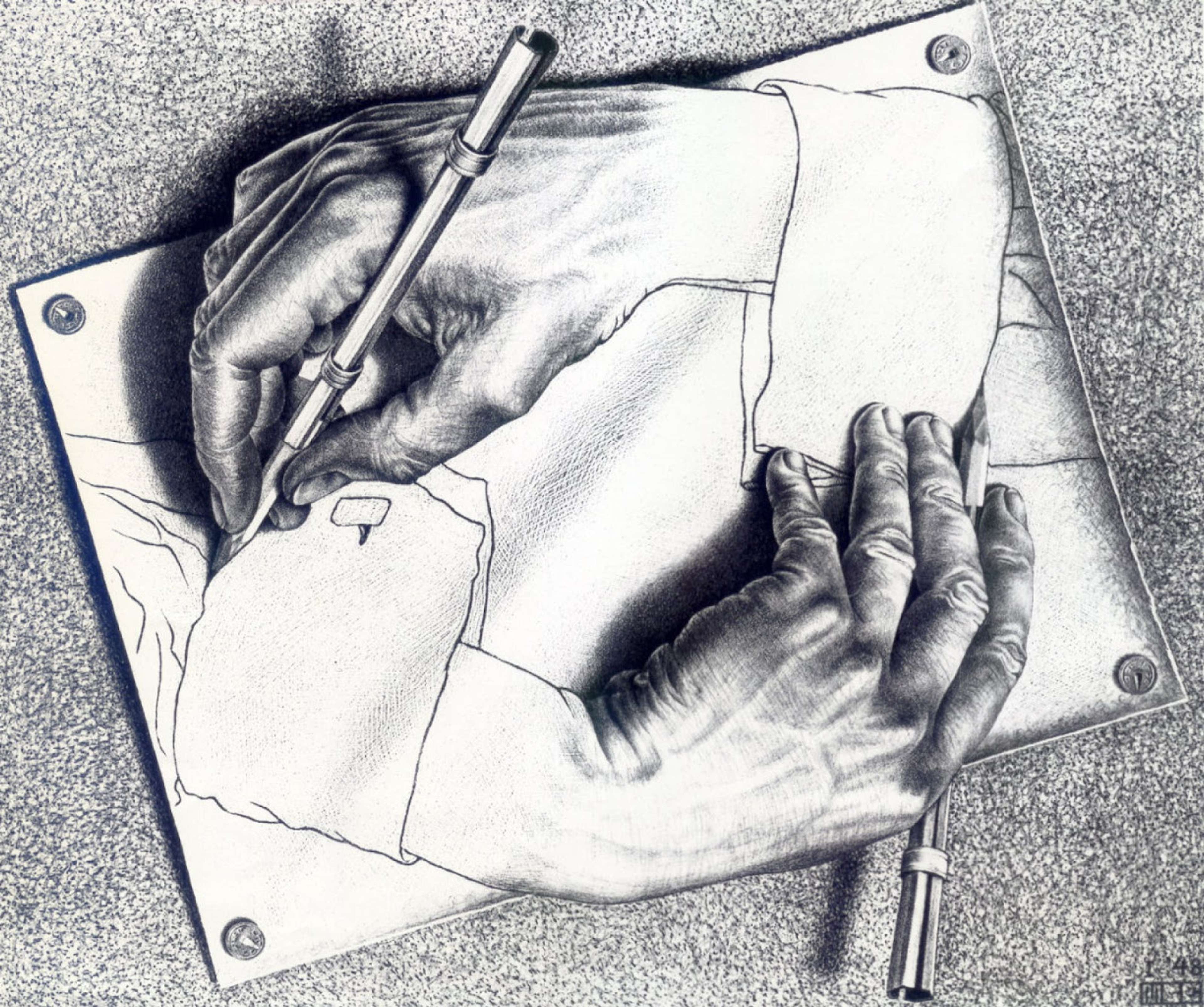 A lithograph print titled "Drawing Hands" by M.C. Escher, depicting two hands holding pencils, drawing the outline of each other, creating an impossible paradox.