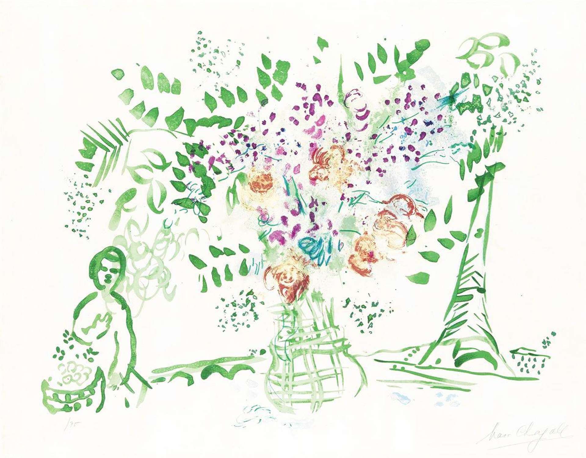 Marc Chagall: Le Bouquet Vert Et Violet - Signed Print