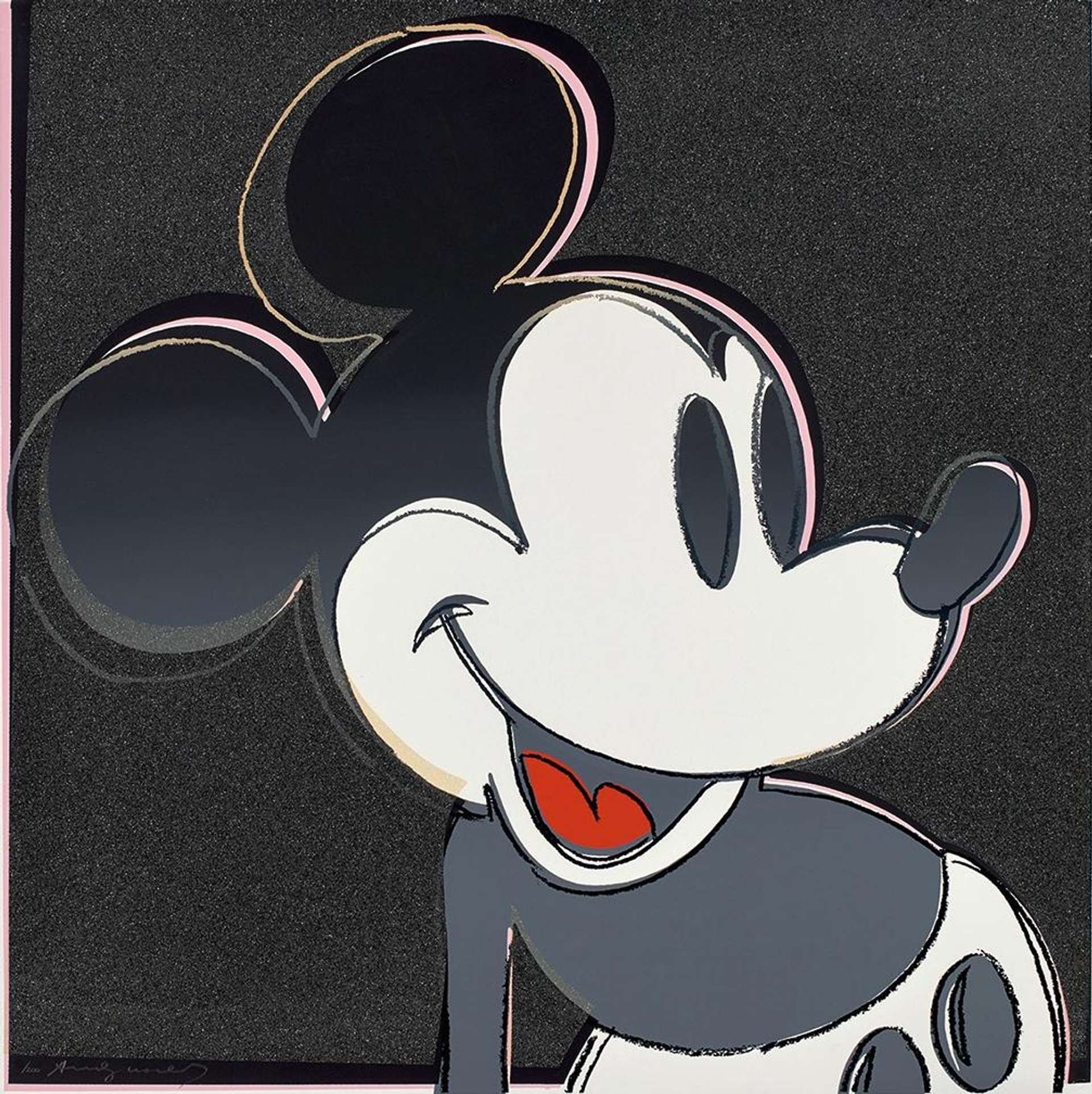 This print by Andy Warhol shows Mickey Mouse rendered from side on, looking ecstatically at something outside of the composition. Black, white and grey dominate the composition which has splashes of colour from the cartoon’s wide red grin and the pink and gold gestural lines that outline the mouse’s smiling face.