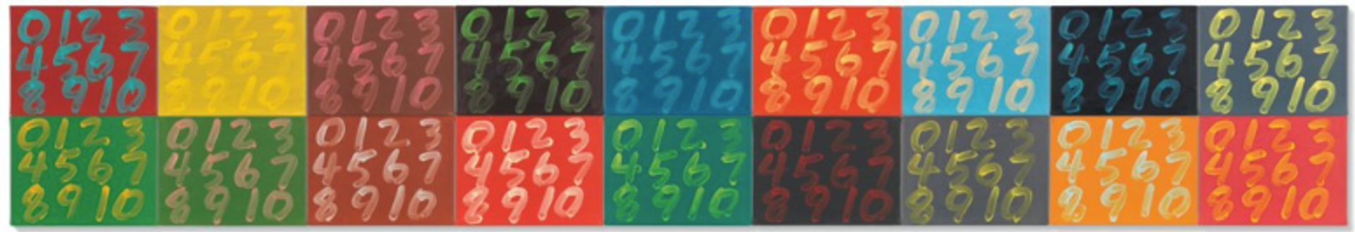 A large-scale canvas consisting of 18 square panels, each panel featuring a different color. The numbers 0 through 10 are displayed on each panel, with each number colored in a unique shade.
