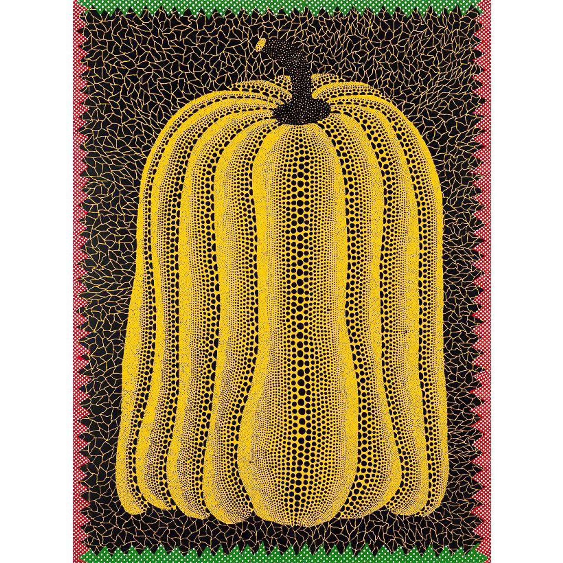 A screenprint by Yayoi Kusama depicting an elongated yellow pumpkin with black polka dots, set against a black and yellow patterned background with green and red stripes around the border