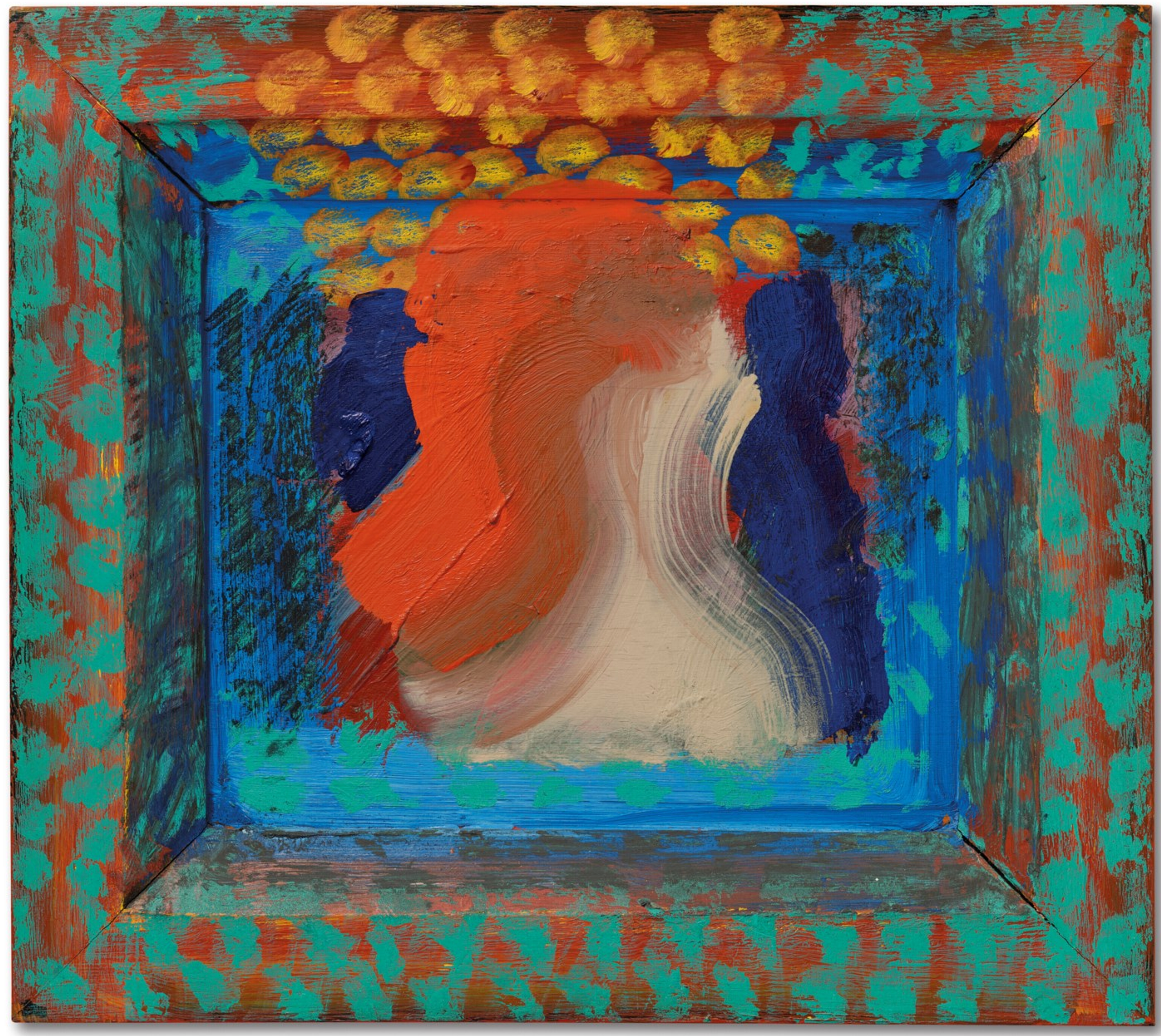 An oil on wood work by Howard Hodgkin depicting a myriad of blue, green, red, white, and yellow daubs and strokes of paint.