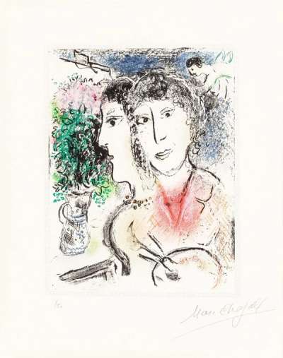 Marc Chagall: Double Portrait Au Chevalet - Signed Print