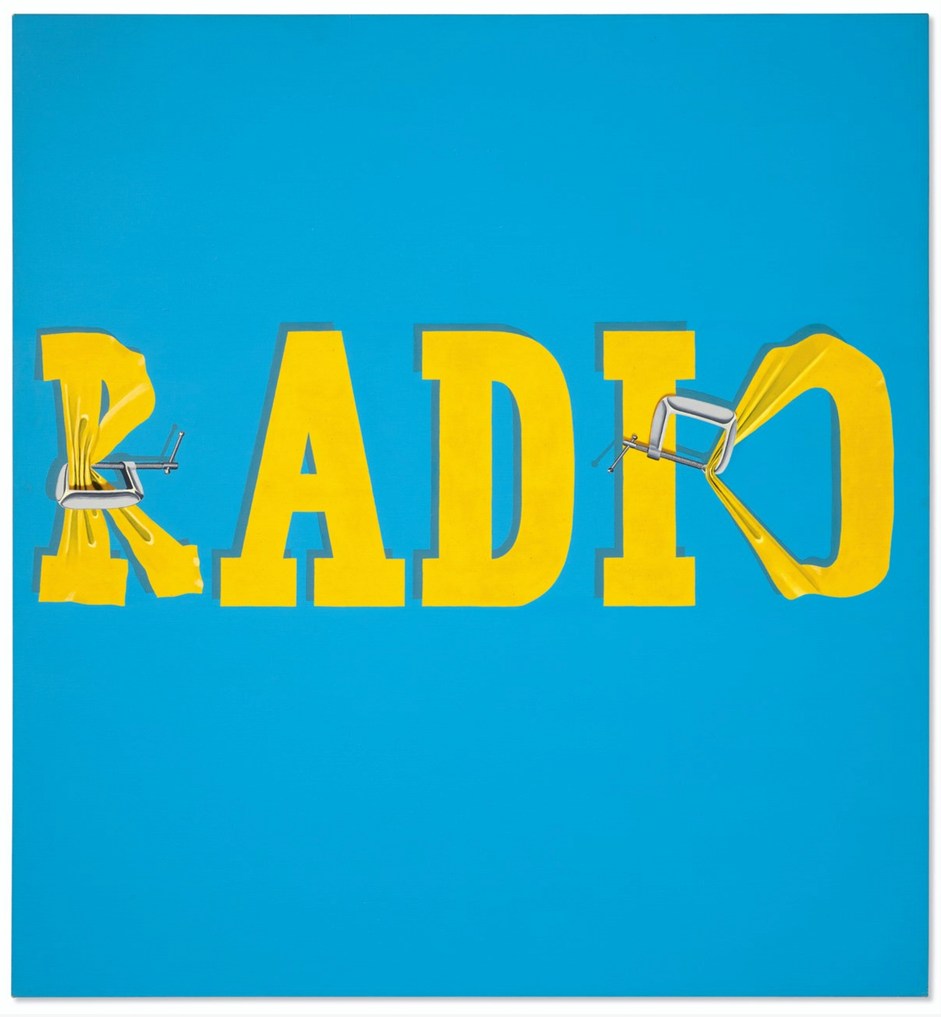 Painting by Ed Ruscha of the word 'radio' in bold yellow lettering against a blue background. The letters 'r' and 'o' are distorted as they are clamped.