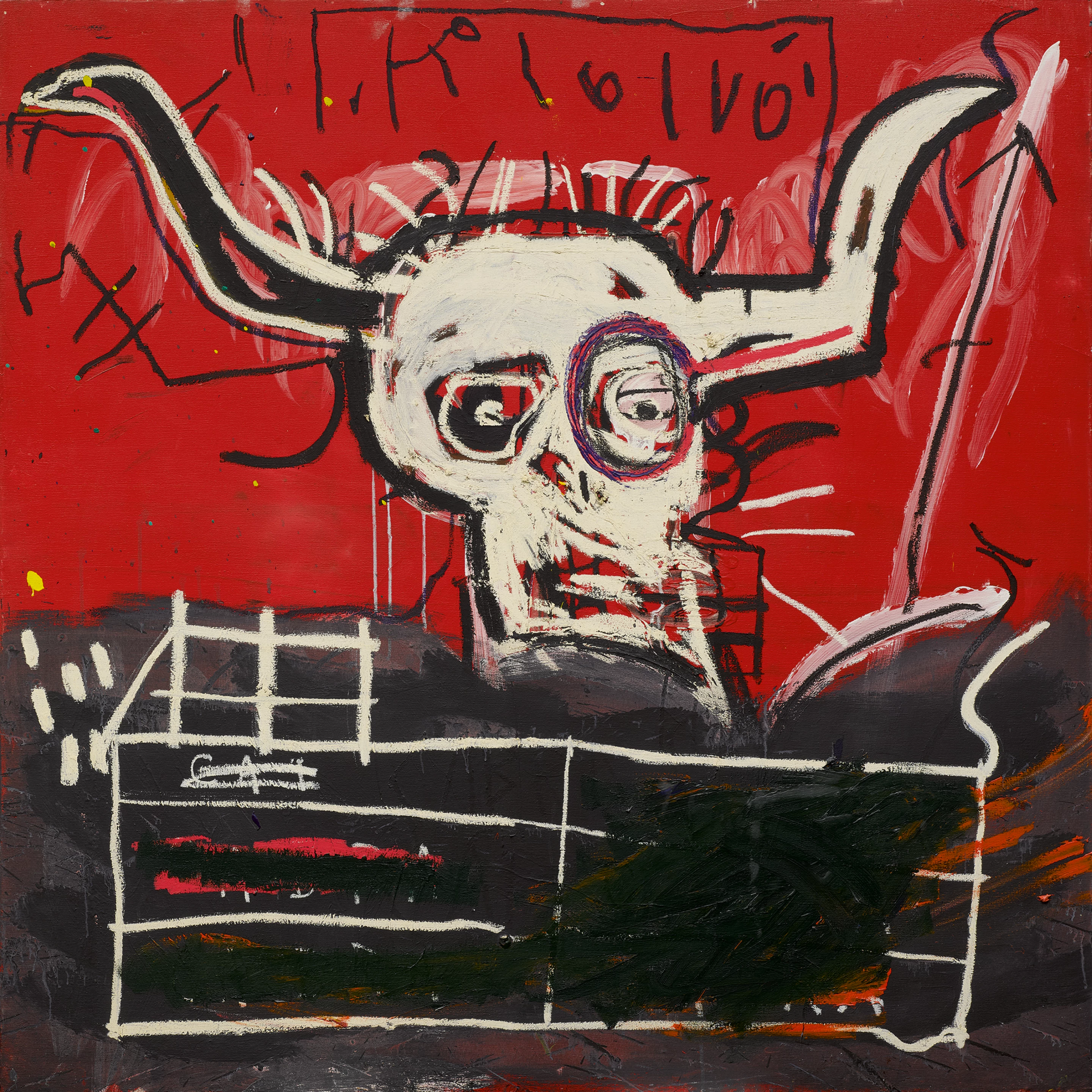 A white horned goat's skull dominates the composition, against a bright red background. Scribbles and lines surround the animal bones.