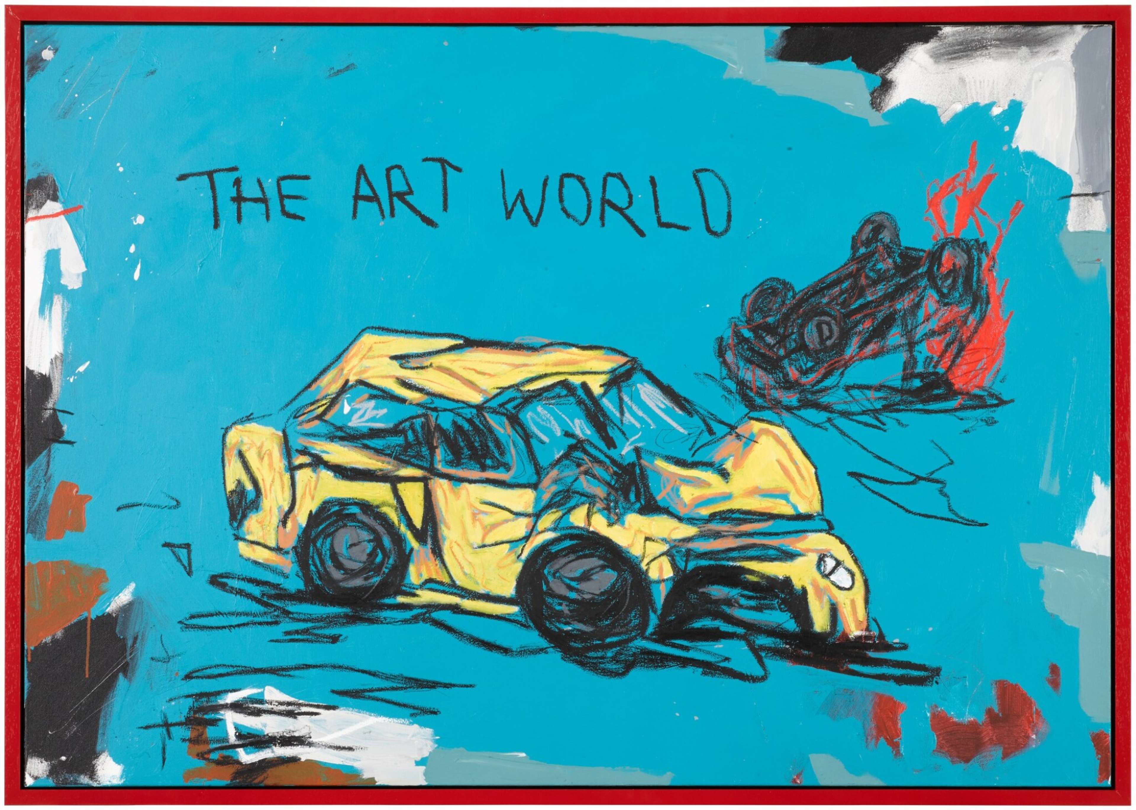 A sketch of a yellow car and a smaller overturned car on fire set on a sky blue background, with ‘THE ART WORLD’ handwritten in capitals above them.