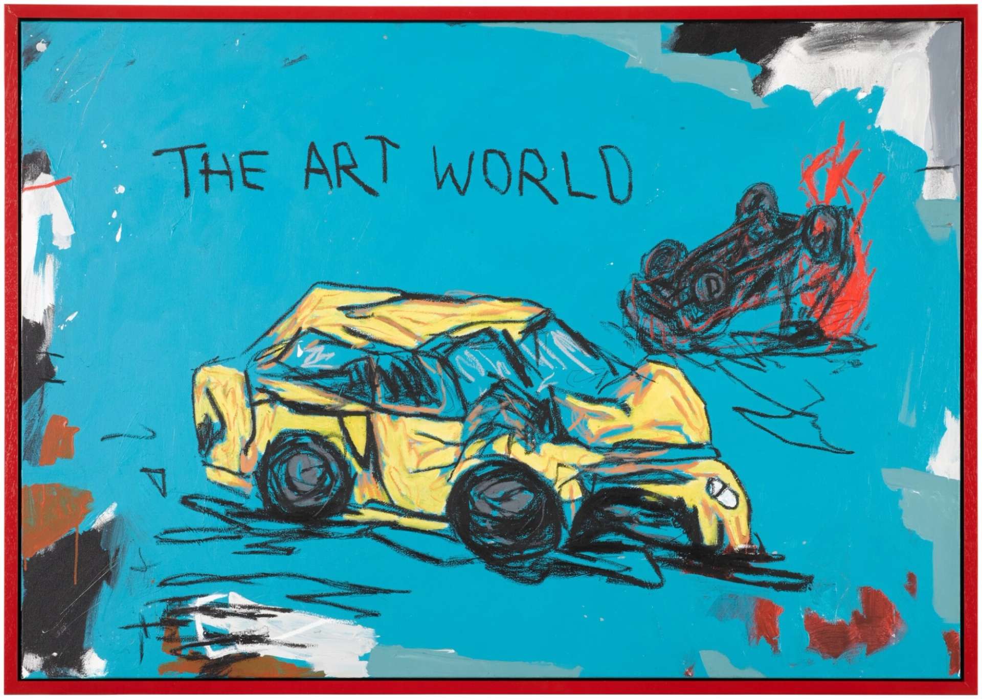 A sketch of a yellow car and a smaller overturned car on fire set on a sky blue background, with ‘THE ART WORLD’ handwritten in capitals above them.