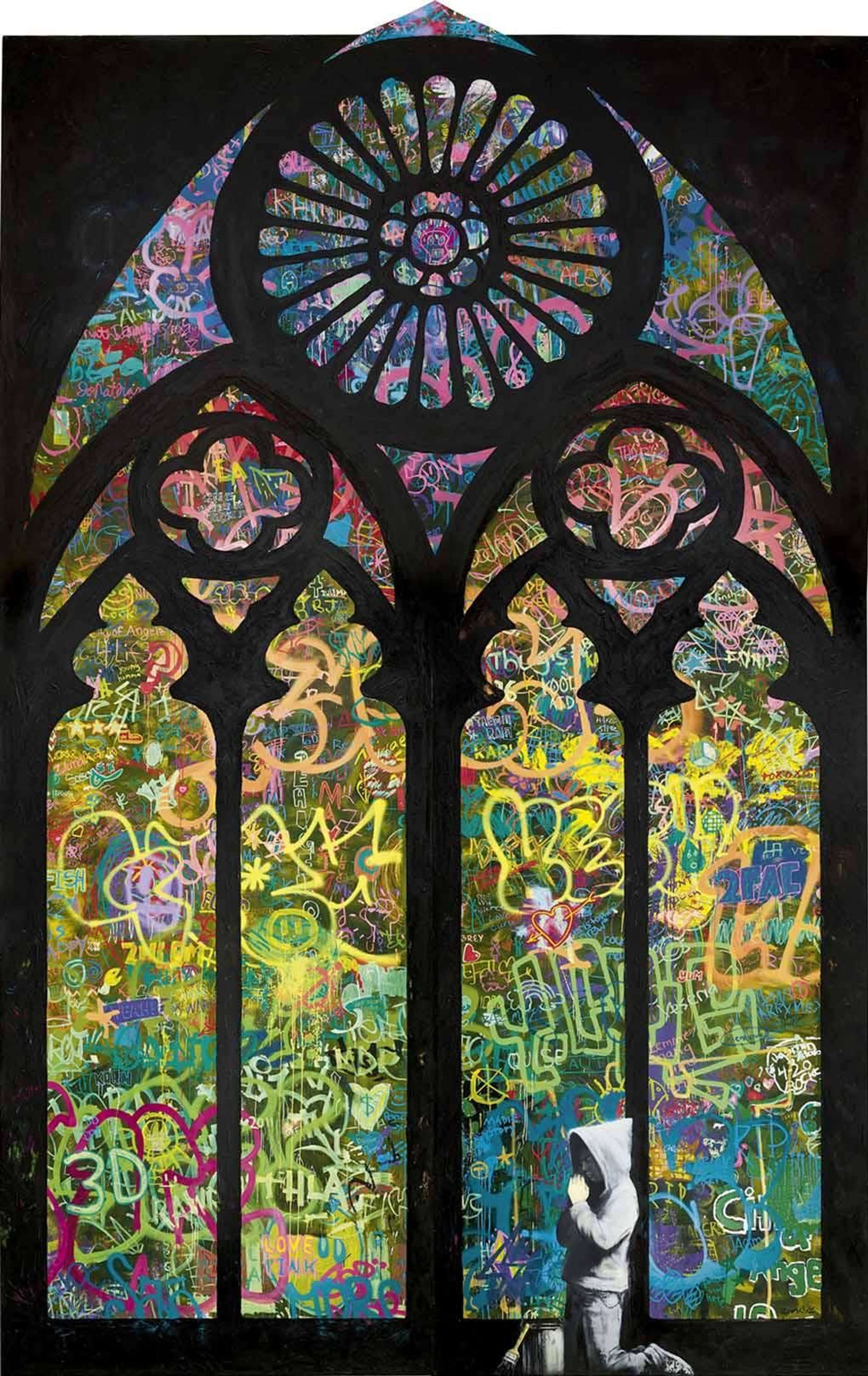 Banksy's Forgive Us Our Trespassing. A mixed media work of graffiti style stained glass windows with someone in white, kneeling and praying in front of them.
