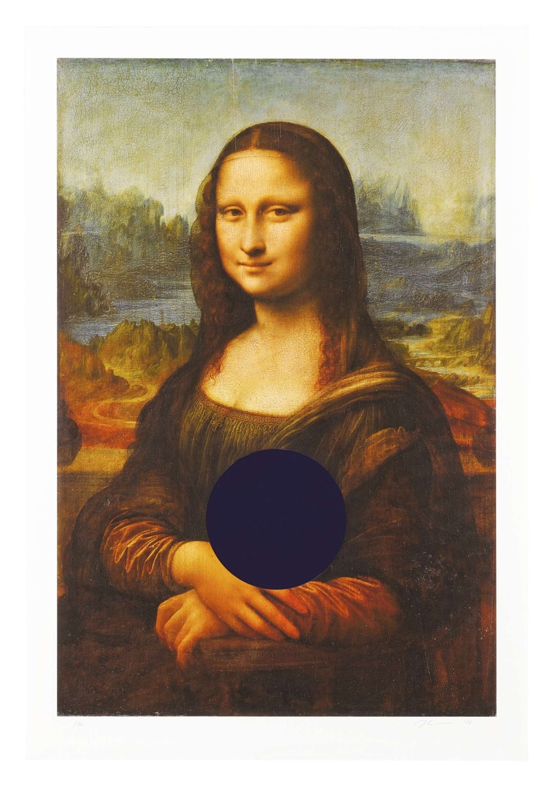 A parody of Leonardo da Vinci's Mona Lisa. The original portrait of a young woman smiling our to the viewer is disrupted by a circle of blue paint, painted over the sitter's hands.