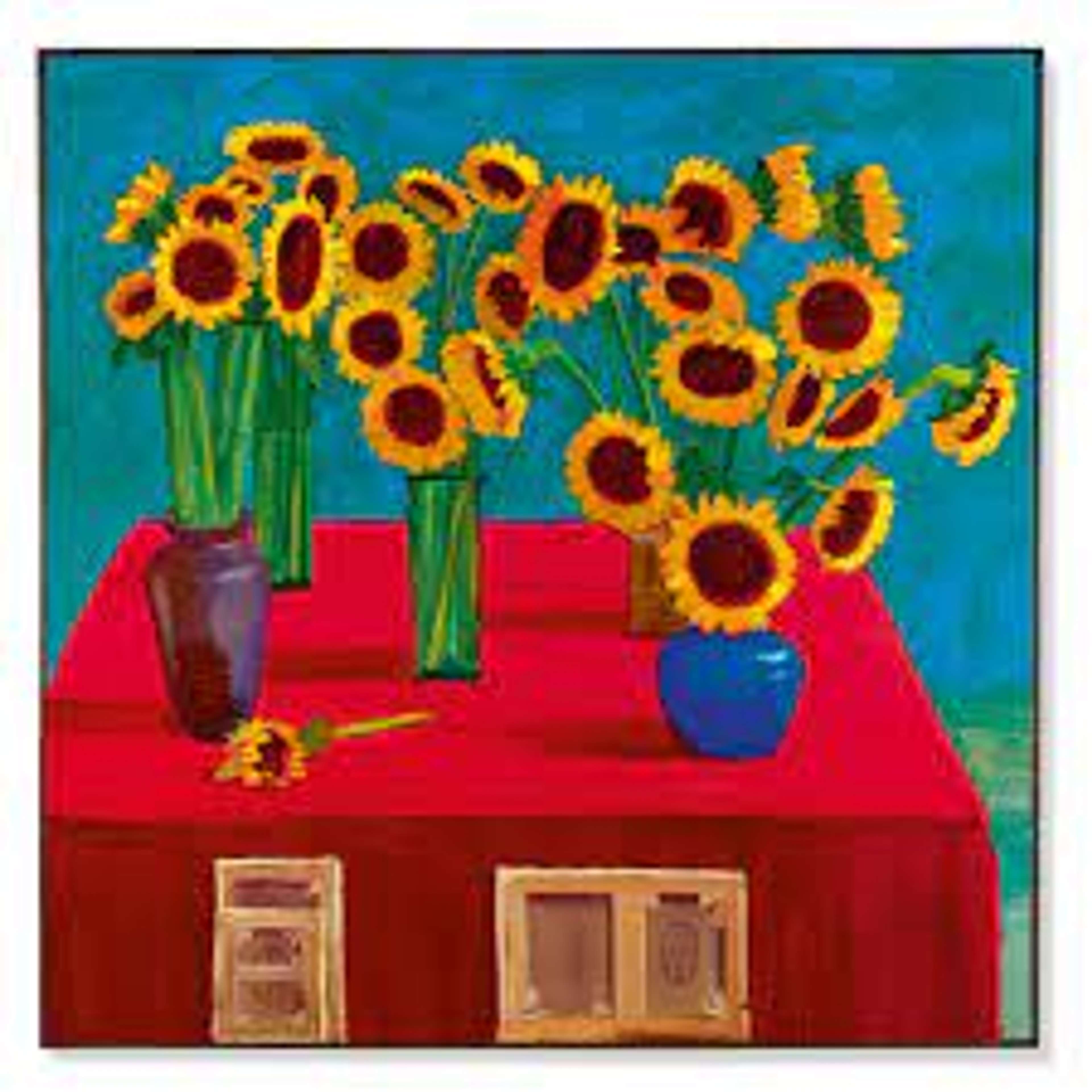 David Hockney’s 30 Sunflowers. An oil on canvas work of five vases filled with sunflowers on top of a table with a red tablecloth. 