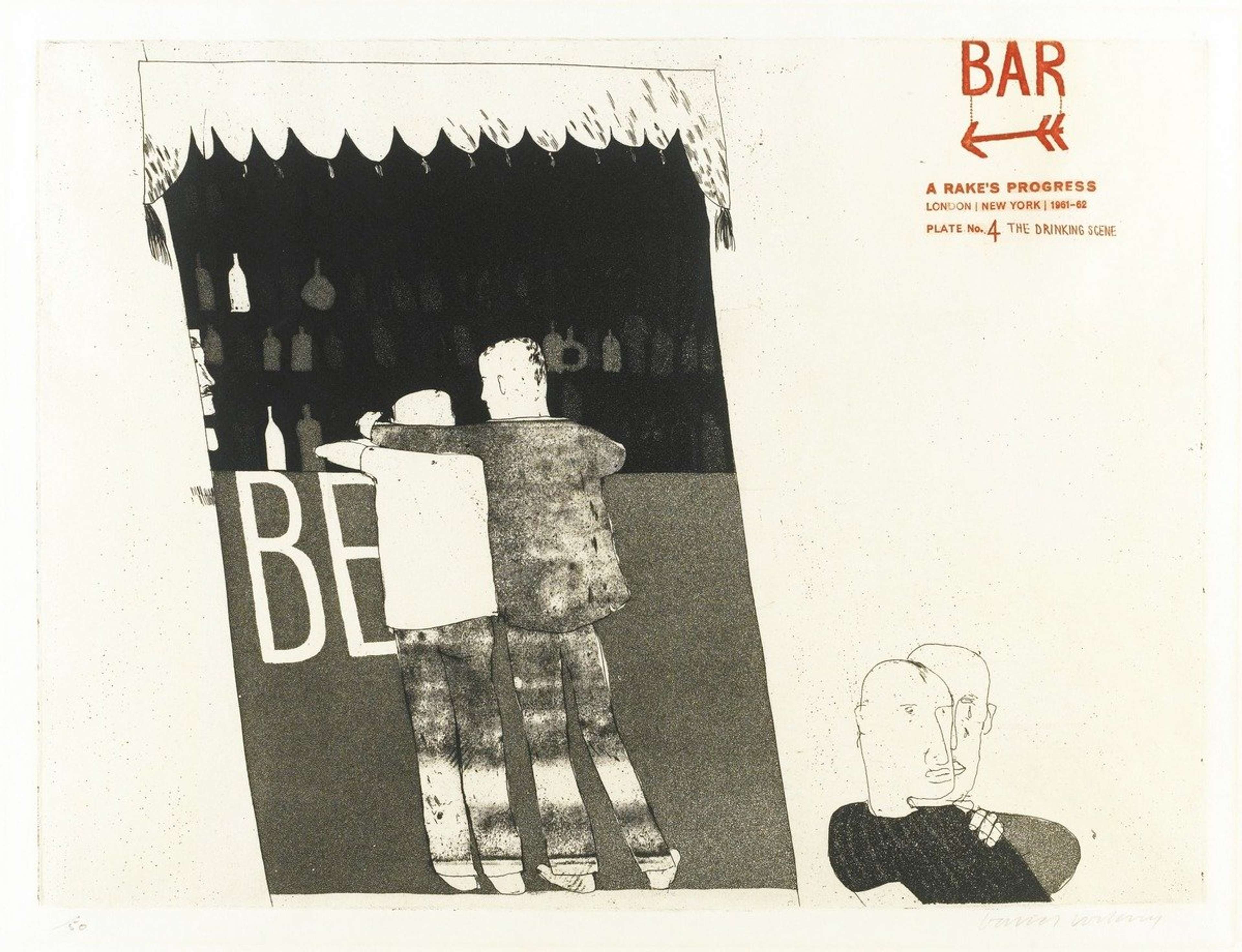 Two figures with their back turned to the viewer, ordering at a bar 