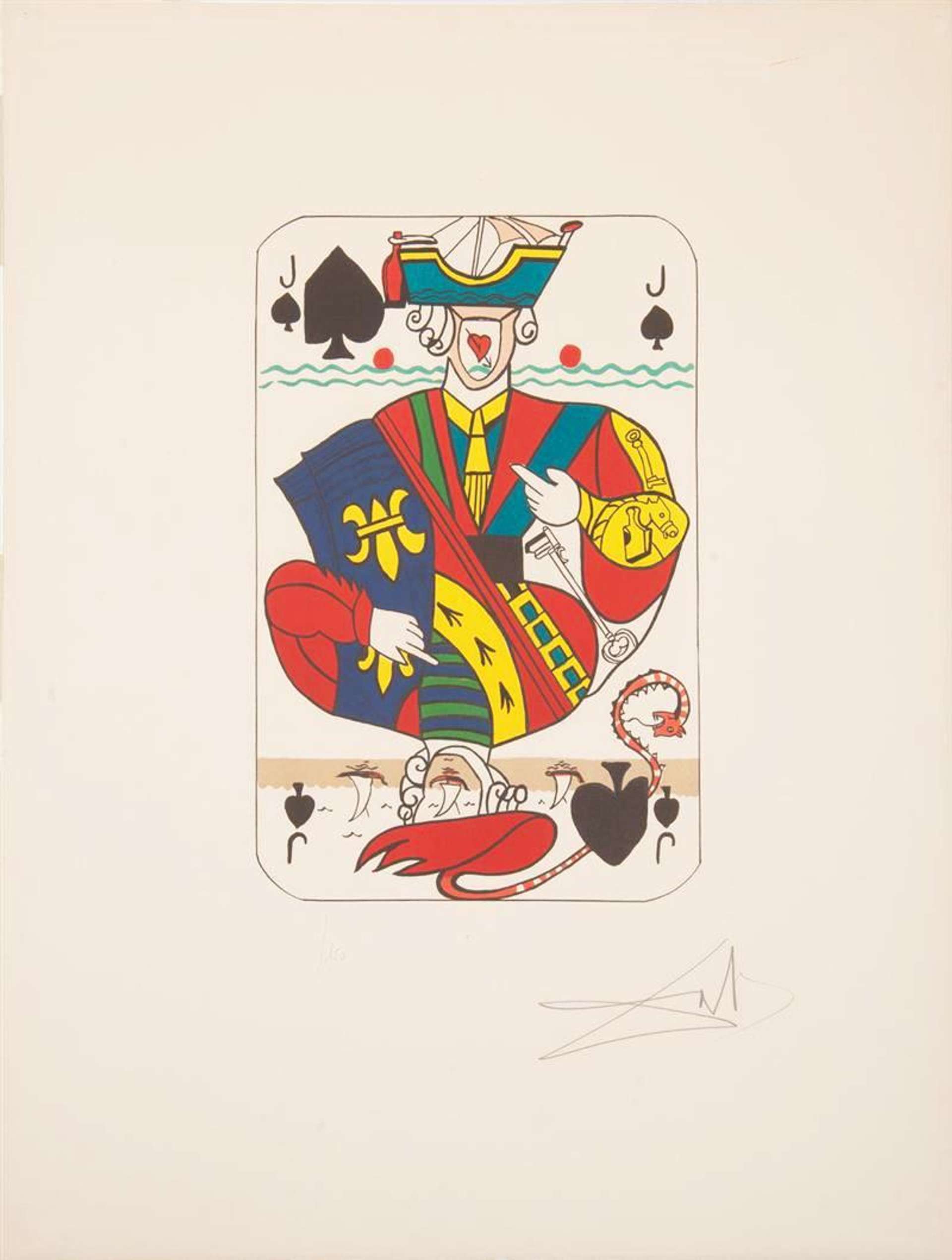 A drawing of a traditional playing card featuring the the Jack of Spades, with elements of nautical imagery such as a ship, a boat, and a seahorse.
