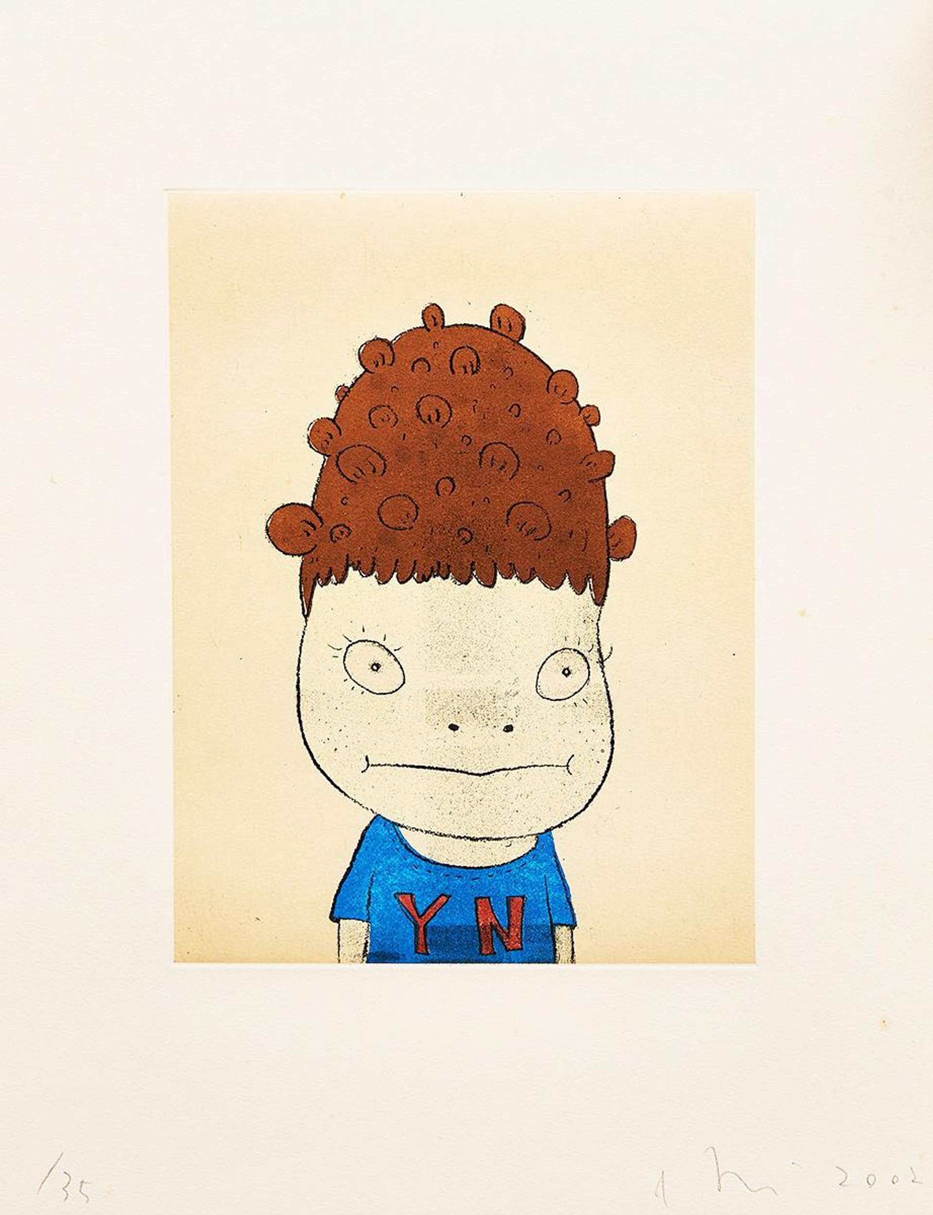 An image of a self-portrait by Yoshitomo Nara. He is shown as almost animal-like, with a very wide mouth and two holes for a nose. His hair is shown in stylised curls.
