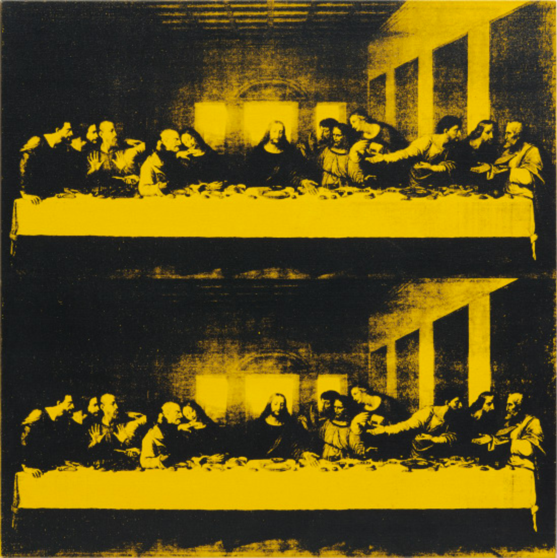 An image of a duplicate Last Supper by Leonardo Da Vinci, recreated by Andy Warhol. The Renaissance composition is rendered in high contrast yellow and black.