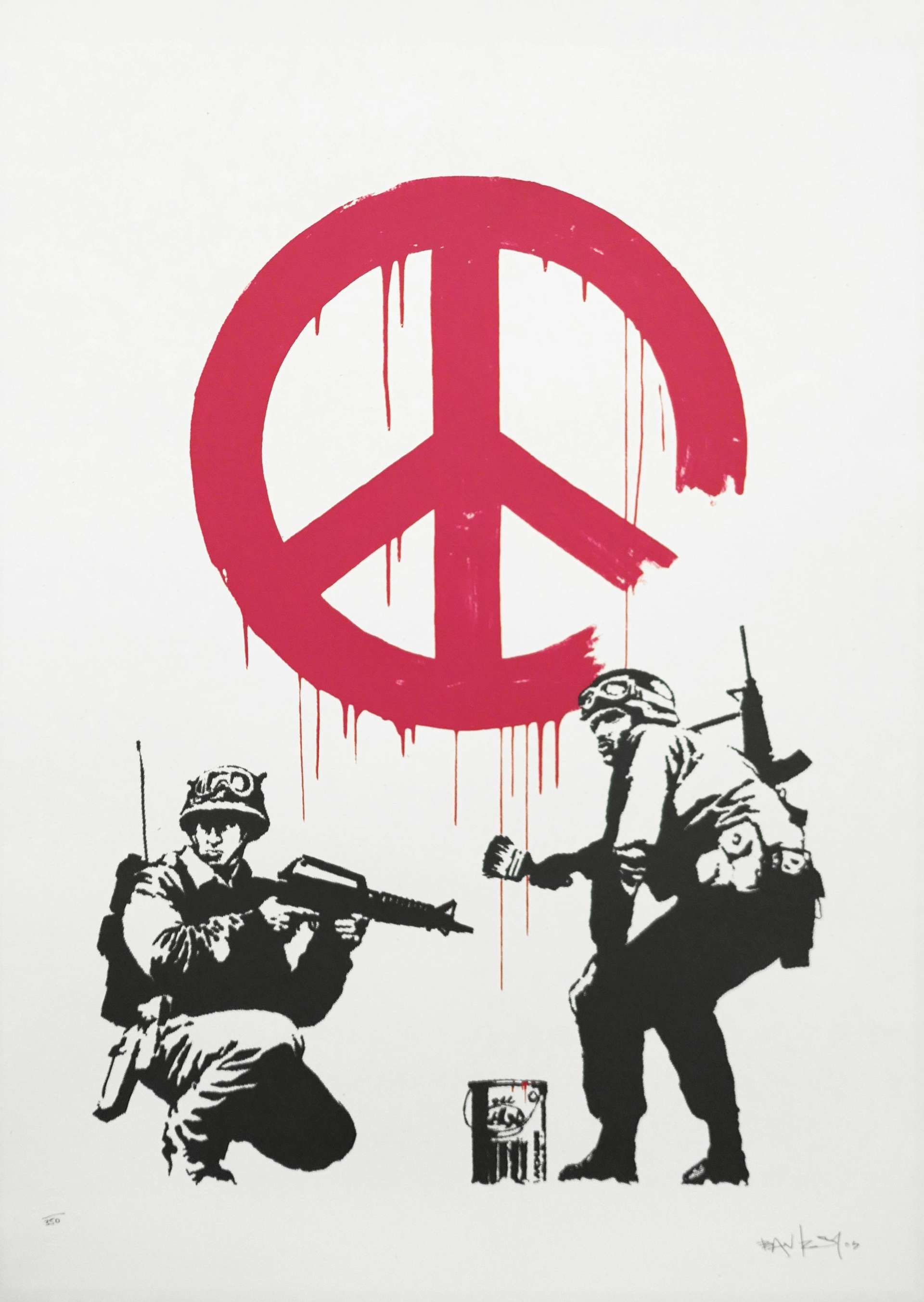 An image of the print CND soldiers by Banksy. It shows two armed soldiers, one of which is painting a bright red peace sign.