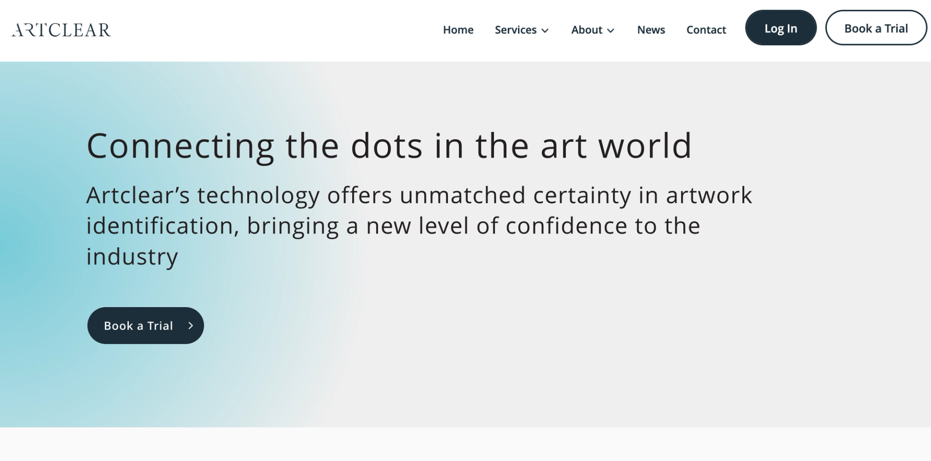A screenshot of the landing page for the platform Artclear, with the slogan "Connecting the dots in the art world" shown against an ombre blue and white background.