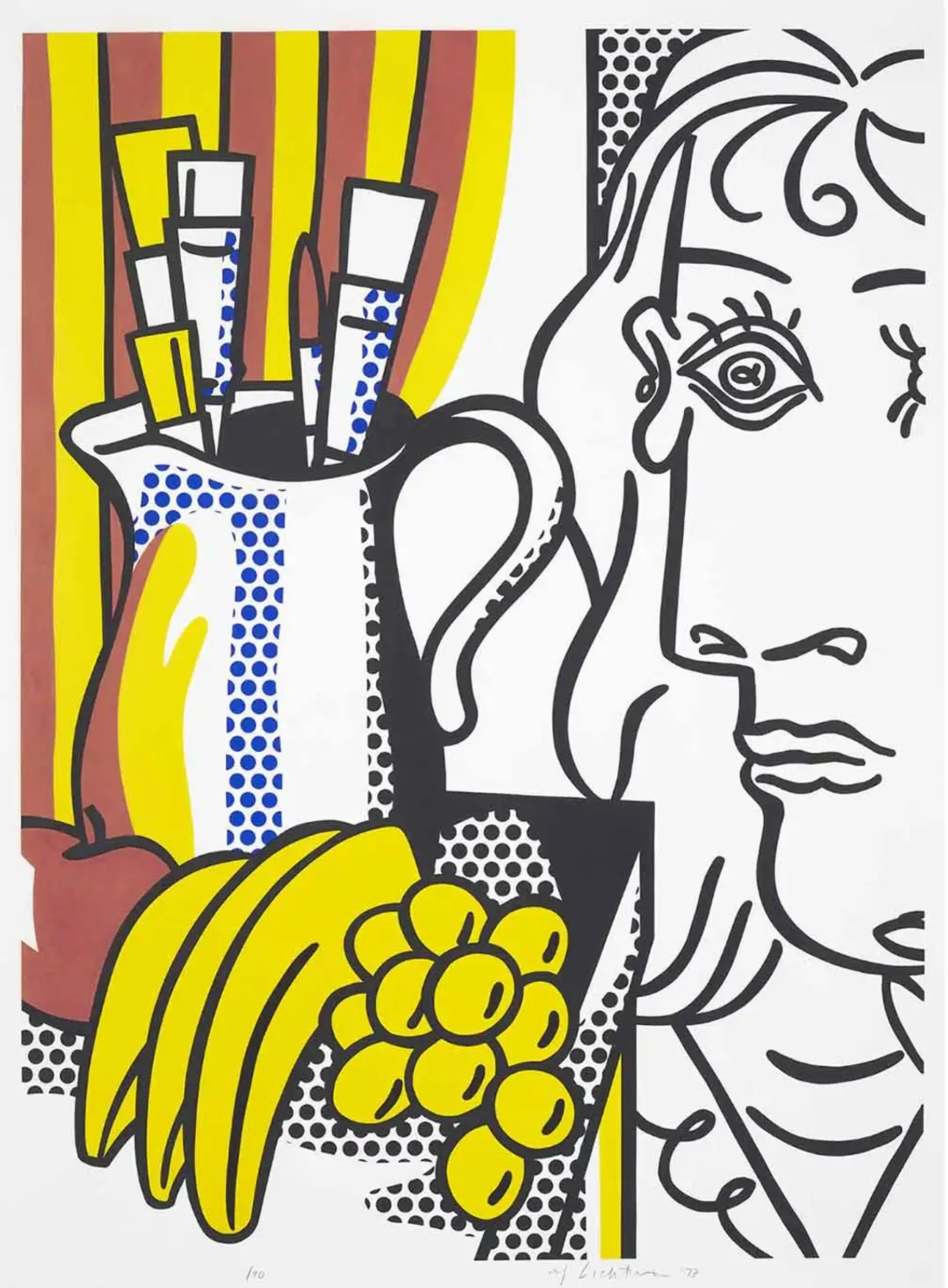 Lichtenstein supplies the print with his commercial style Ben-Day dots and primary blocks of colour, in order to deliver a vivid cartoon impression. Still Life with Picasso presents a varied and unpolished composition. Mimicking the simplistic drawing style of Picasso, a woman figure peers into the frame from the right, captured in thick black curving lines set against a white backdrop. Selected pieces of fruit sit in the bottom left corner of the canvas. A jug holding paint brushes is situated towards the upper left margin, adorned by black and dark blue dots. Red and yellow stripes of colour pour into view from above.