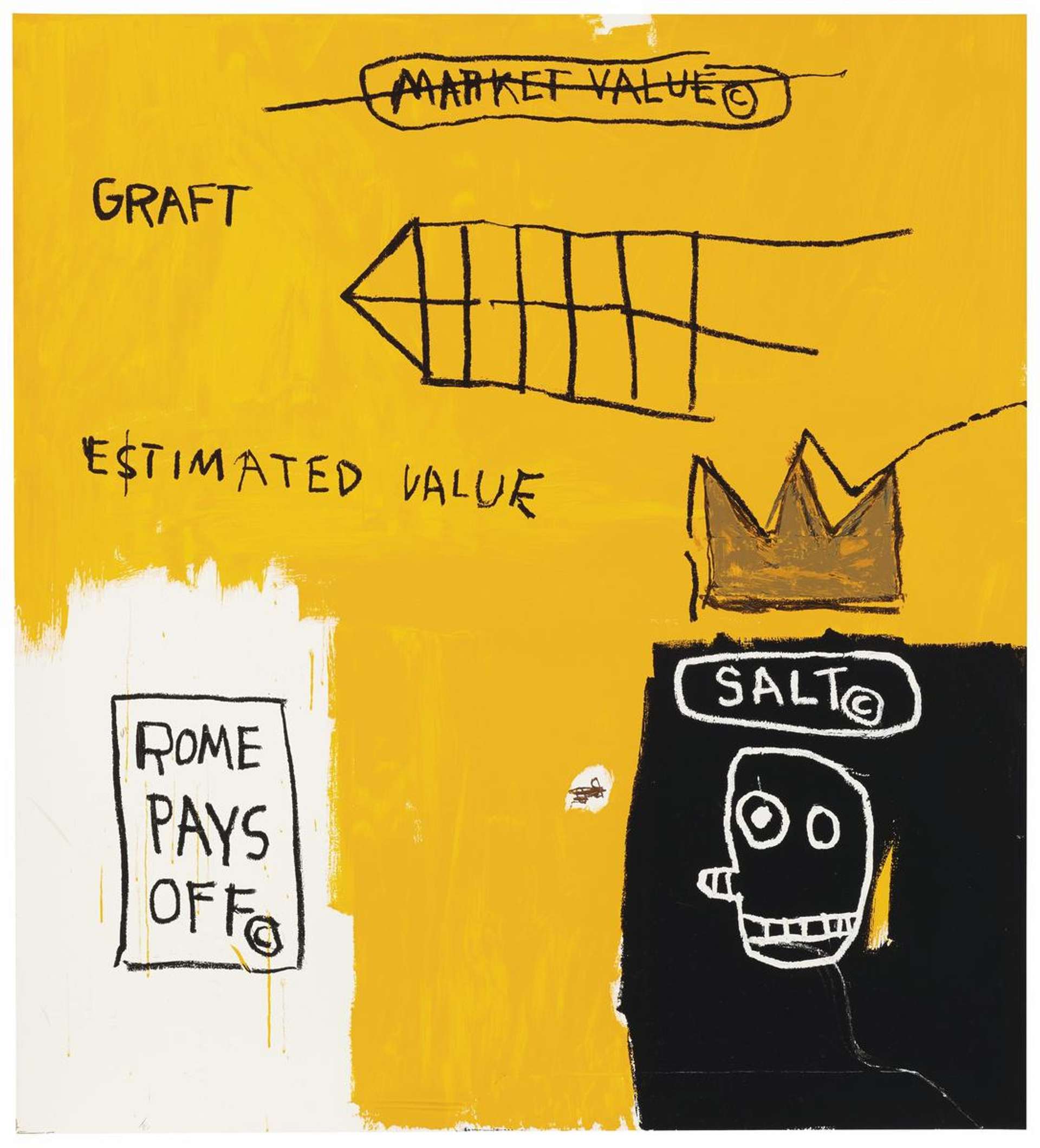 In this fairly sparse piece, a skeletal face is seen alongside a gold crown, and a grid-like form resembling a rocket, rendered in black. This ambiguous shape also suggests an upturned edifice. The titular text ‘Rome Pays Off’, enframed with the copyright sign.