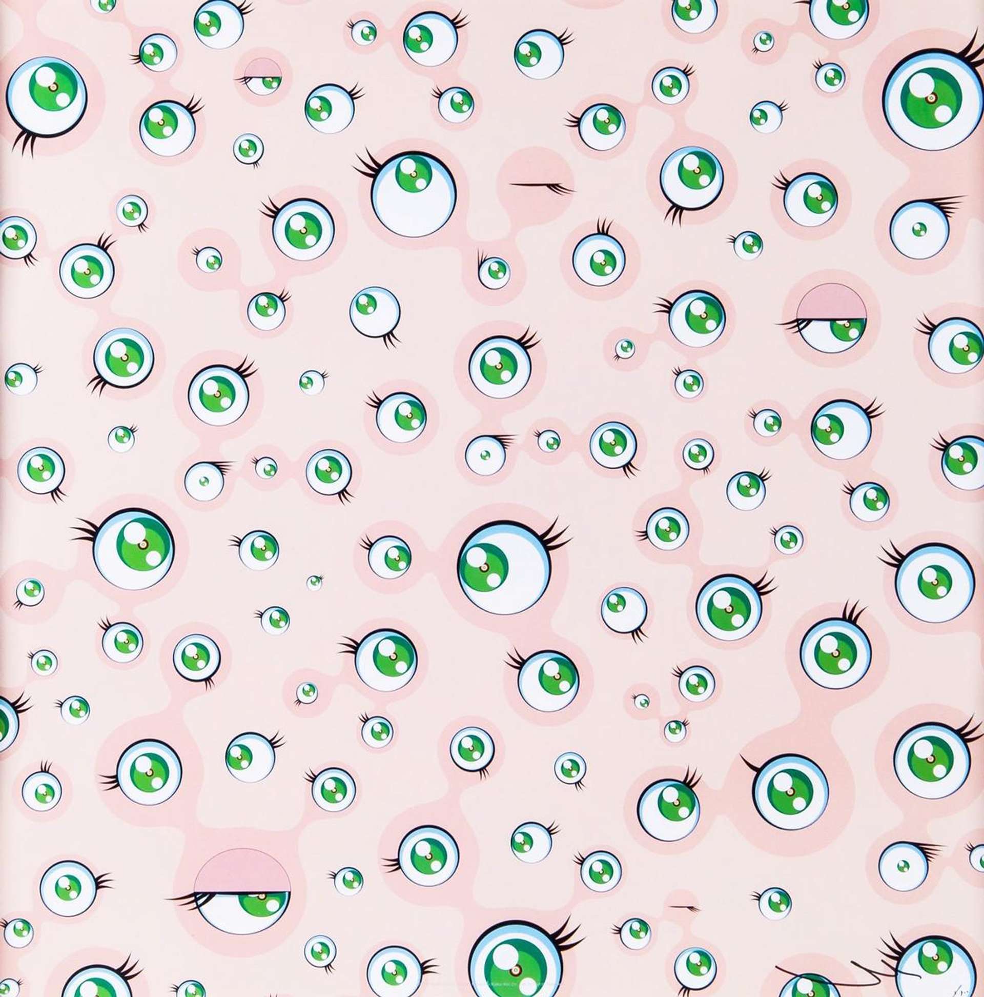 Takashi Murakami’s Jellyfish Eyes. Various expressions of open green eyes against a light pink background.