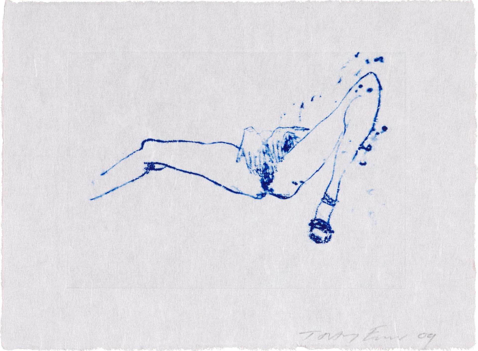 An etching by Tracey Emin depicting a nude form in blue ink in the midst of masturbation.