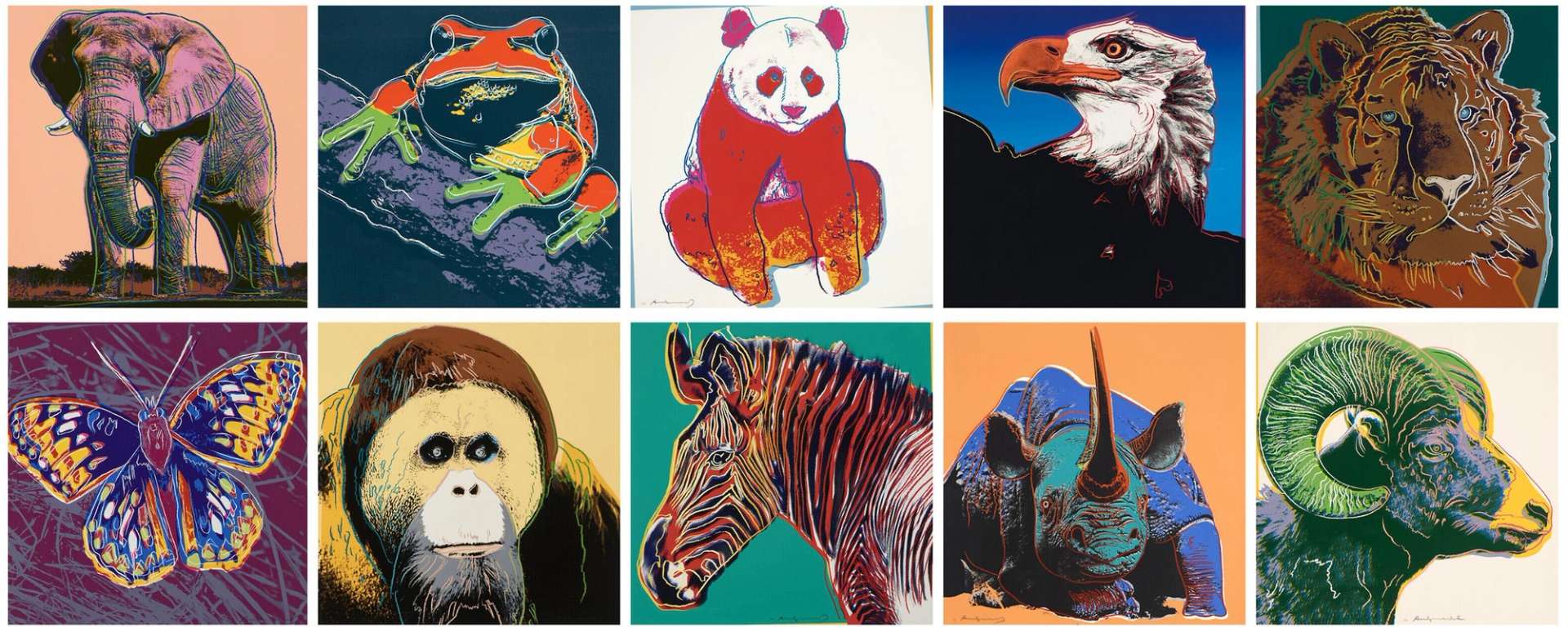 A set of 10 screenprints by Andy Warhol depicting different endangered animals in bright colours.