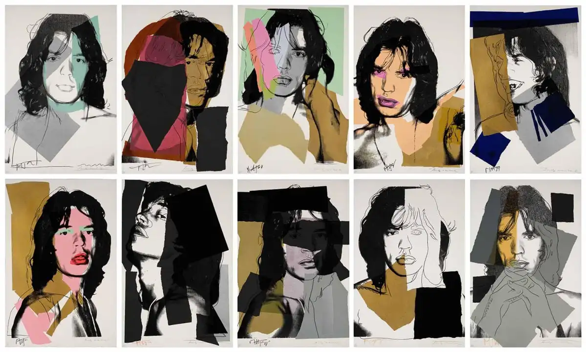 An image of the complete set of Warhol's Mick Jagger series, featuring 10 portraits of the singer printed on Arches Aquarelle paper with added outlining and colour blocking.