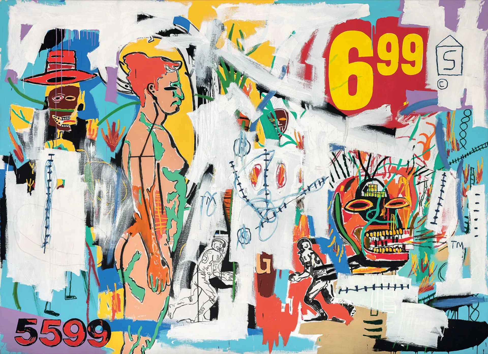 Collage style painting of two male figures, one skull head and text of price displays