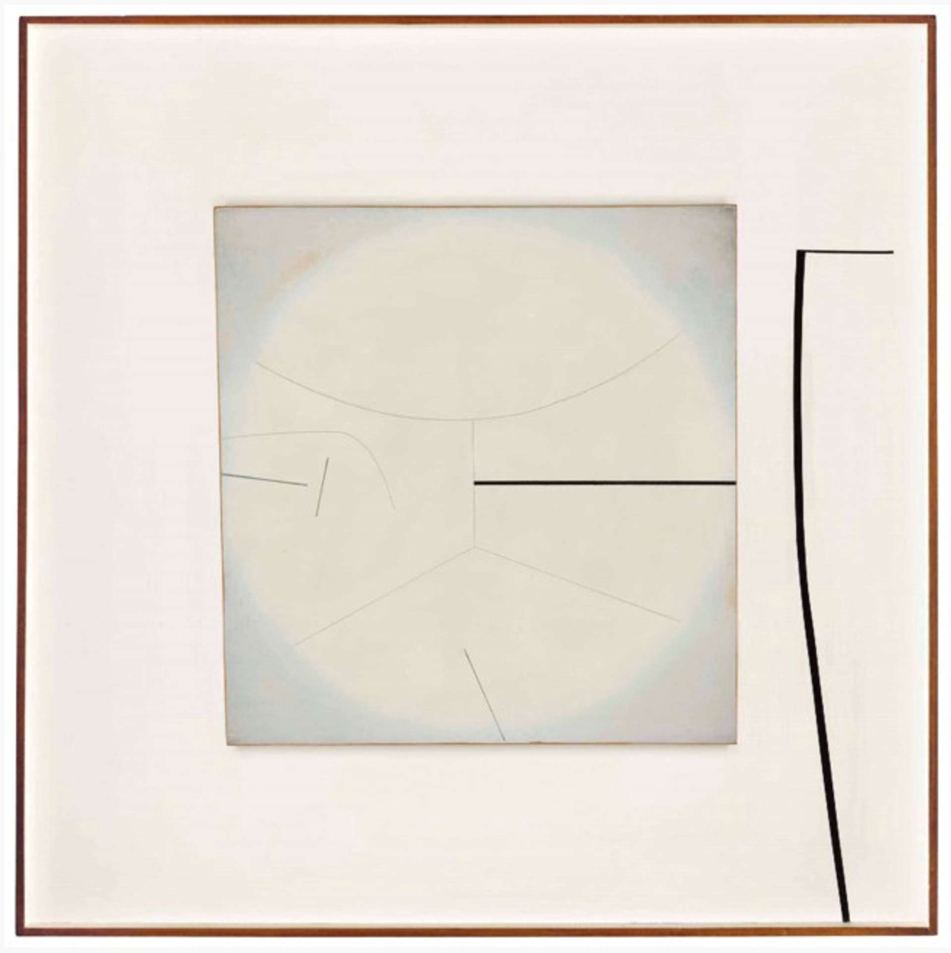  A small square canvas with a barely visible white gradient circle in the middle of the square is placed against a white canvas and framed by a thin brown wooden frame. The centre of the circle is intersected with a thin black horizontal line, and a vertical line protrudes upwards from the left-hand side of the artwork at a right angle.
