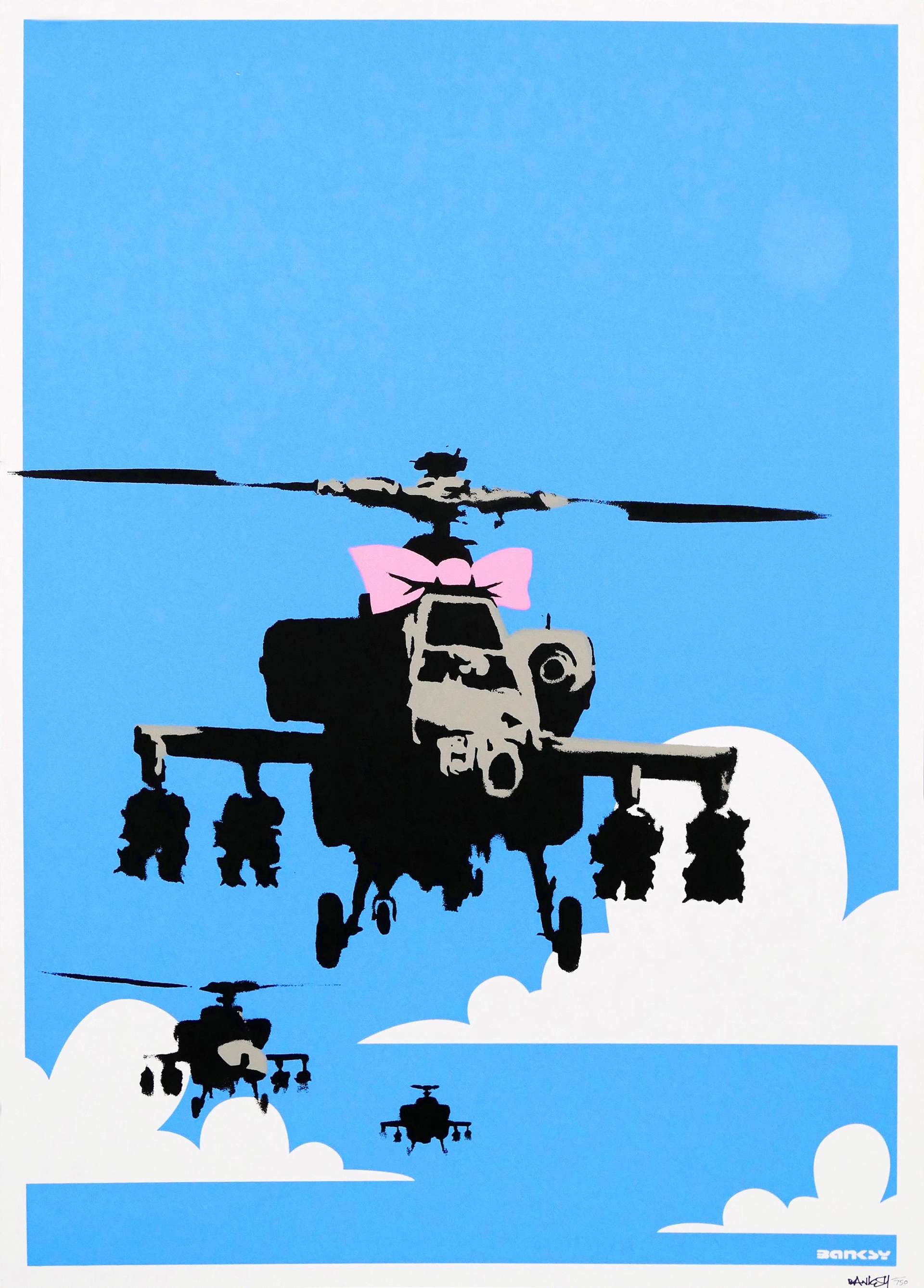 An image of the print Happy Choppers by Banksy. Three military-grade helicopters, depicted against a bright blue sky with few white clouds. The leading helicopter, closest to the viewer, is adorned with a big pink bow.
