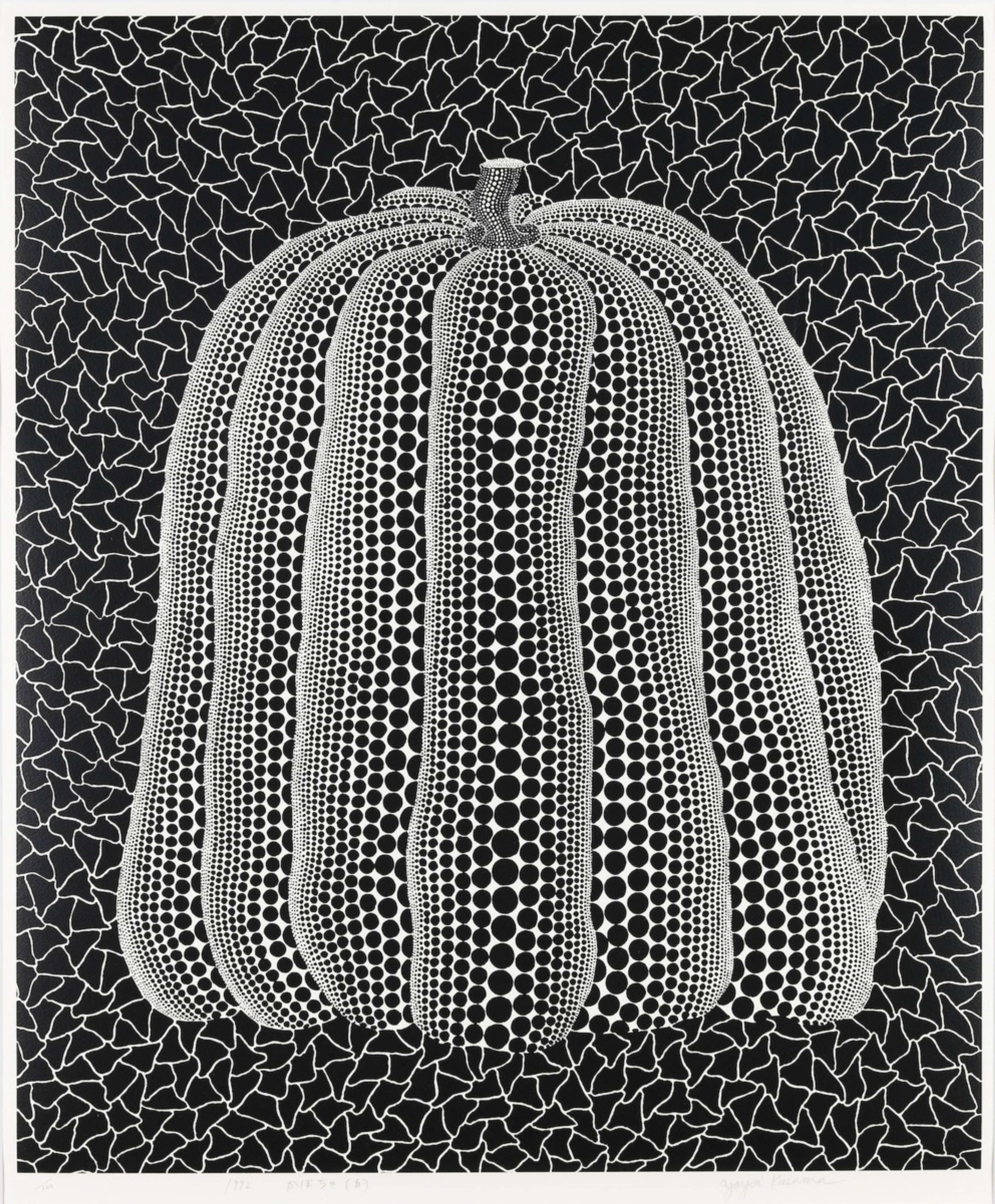A screenprint by Yayoi Kusama, titled “Pumpkin (white T)”, depicting a dotted pumpkin on a crackled black ground, signed in the lower right margin.  