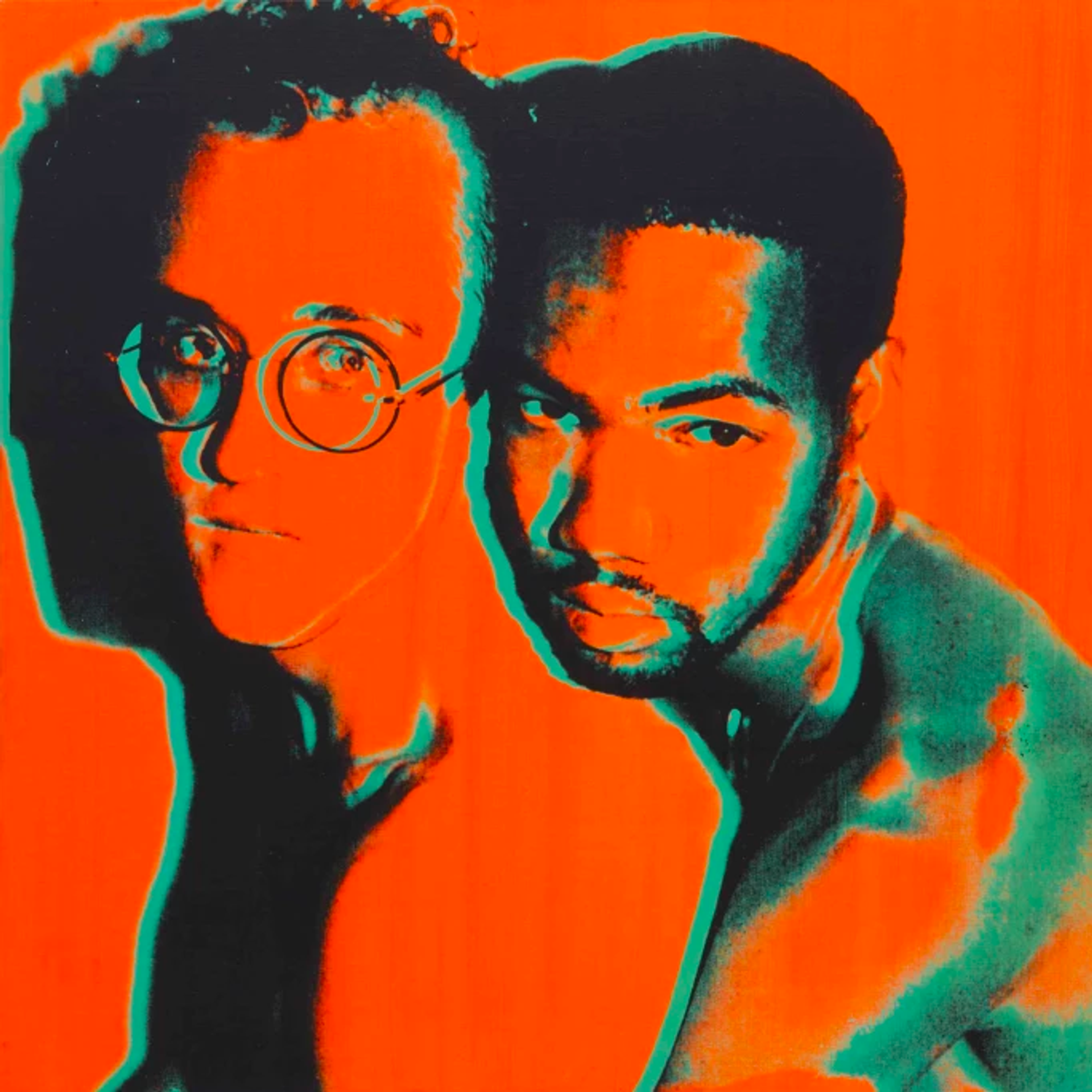 A vibrant screenprint image featuring Keith Haring and Juan Dubose. The artwork showcases an embrace between the two figures as Juan Dubose hugs Keith Haring from behind. Both individuals have straight and sensual expressions while looking directly at the camera. The image is predominantly colored in orange and green.