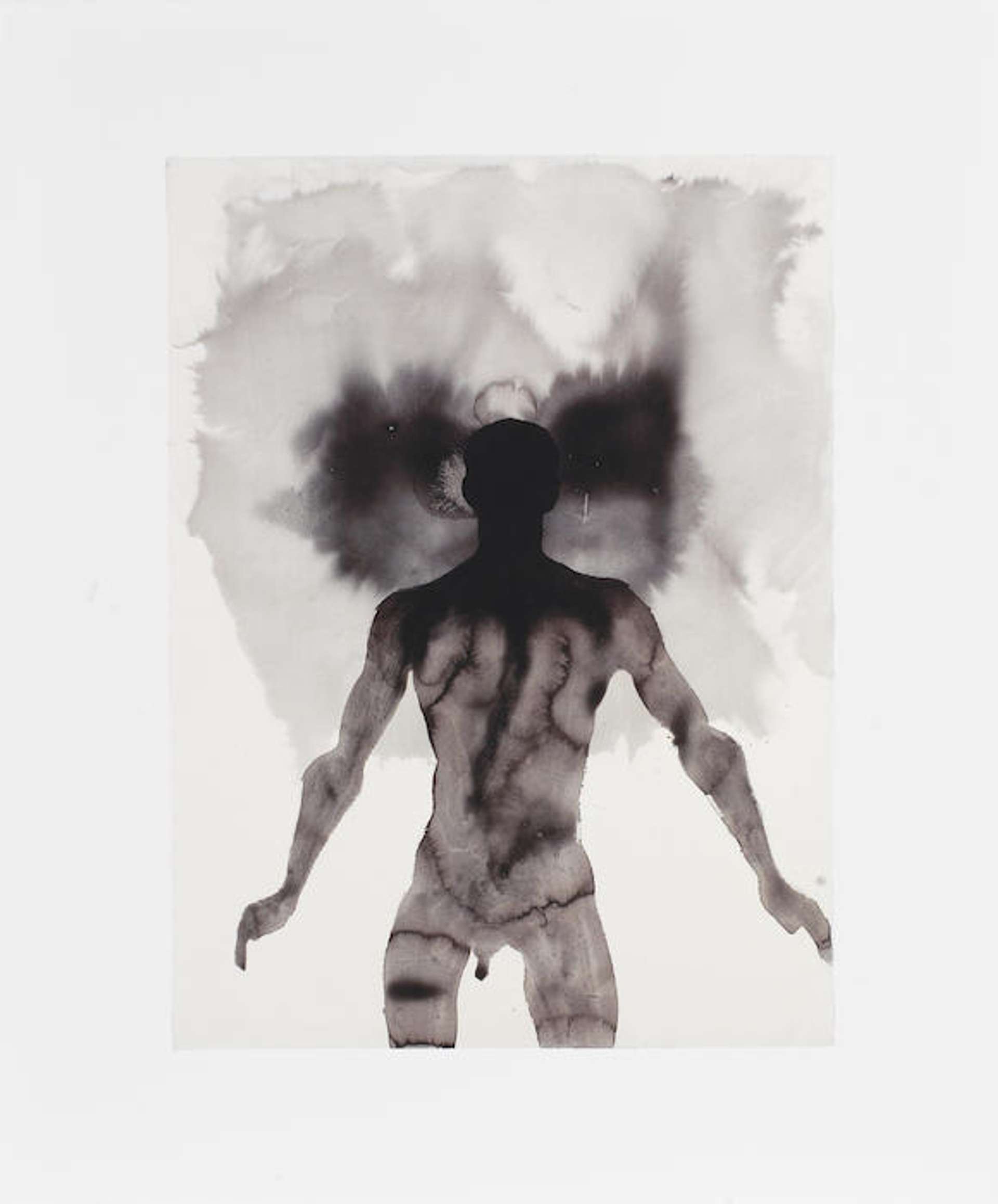 A monochrome watercolour-like print by Antony Gormley, showing a nude male body.