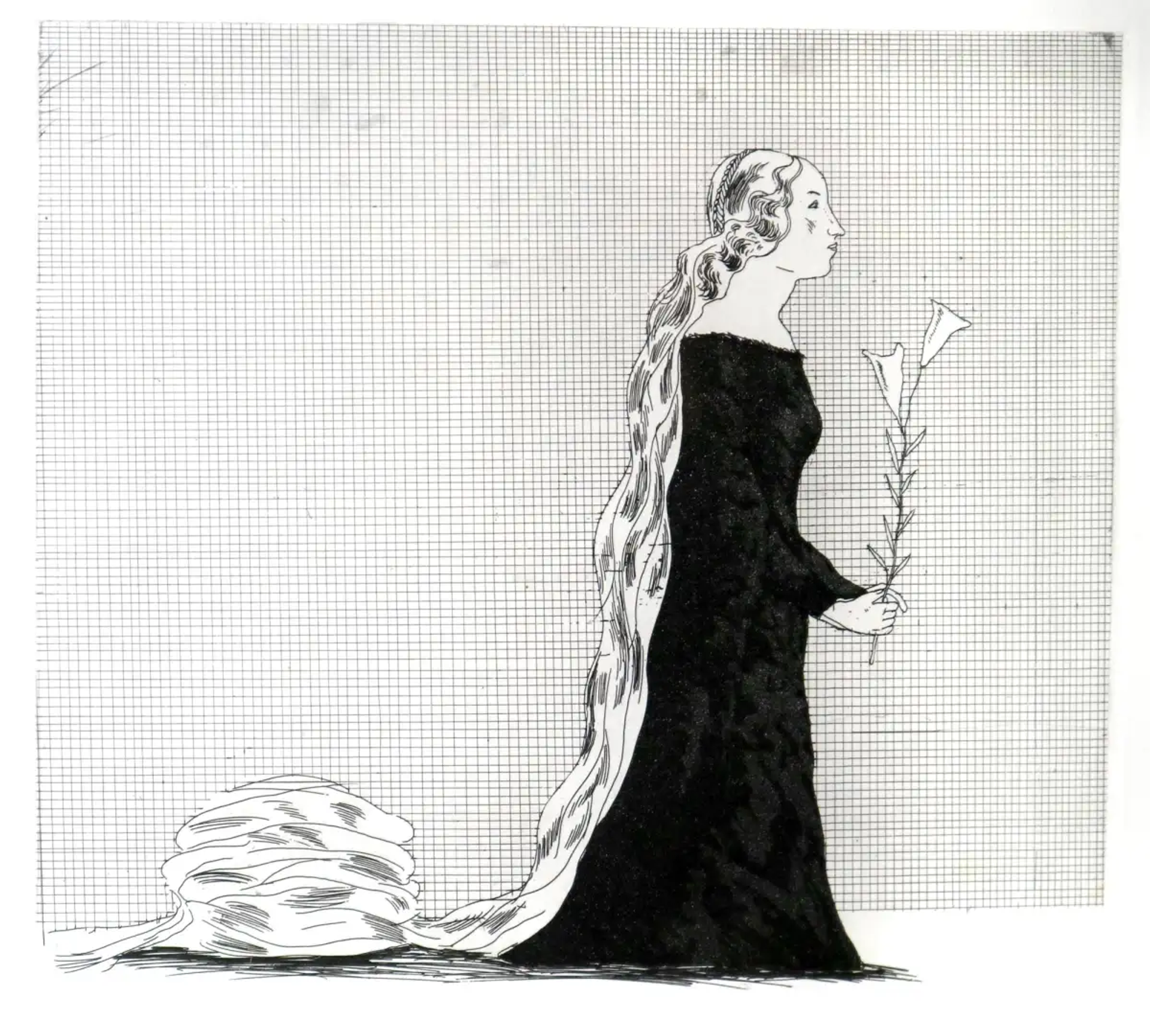 A woman is shown in profile, her face resolutely fixed on something hidden from the viewer. Her hair is long, reaching all the way to the floor to become a snakelike coil. She holds a flower.