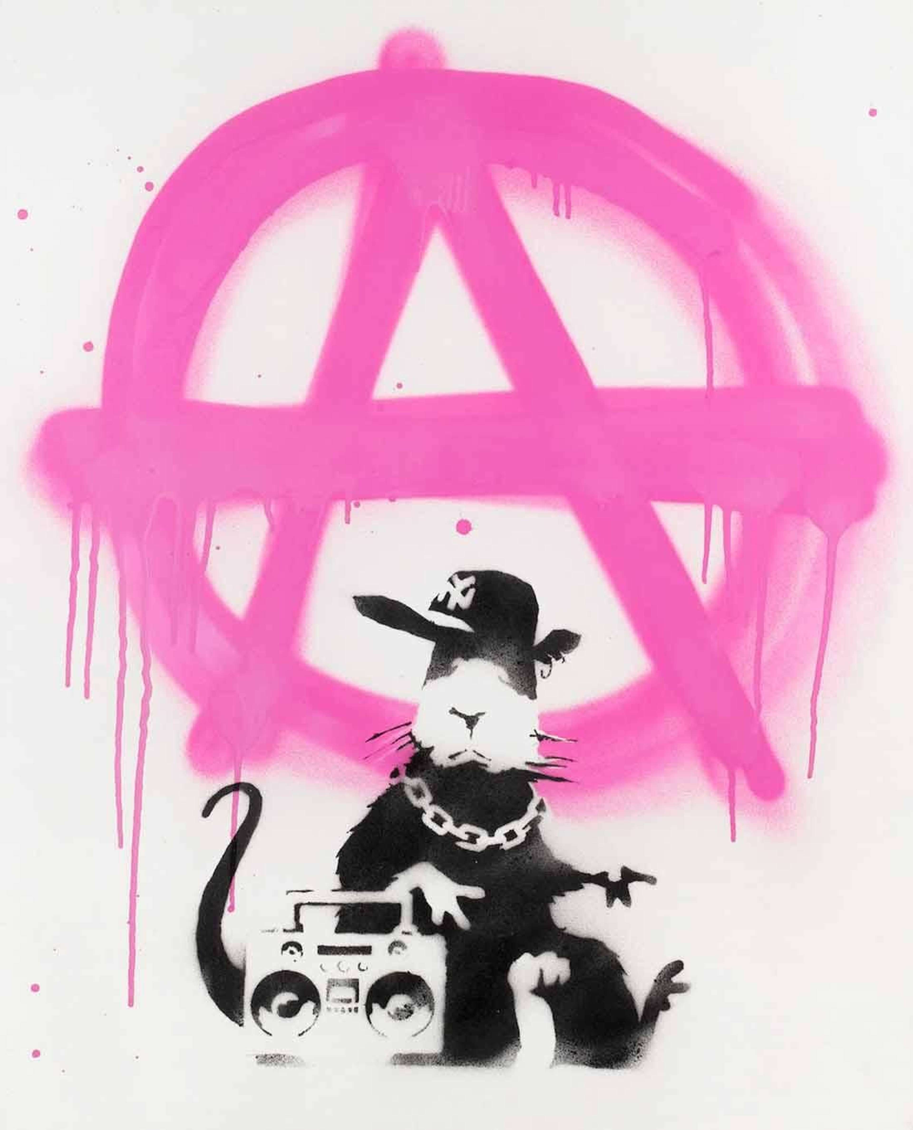 Banksy’s Anarchy Rat. A stencil and spray paint work of a rat with a pink “A” in a circle above it. 