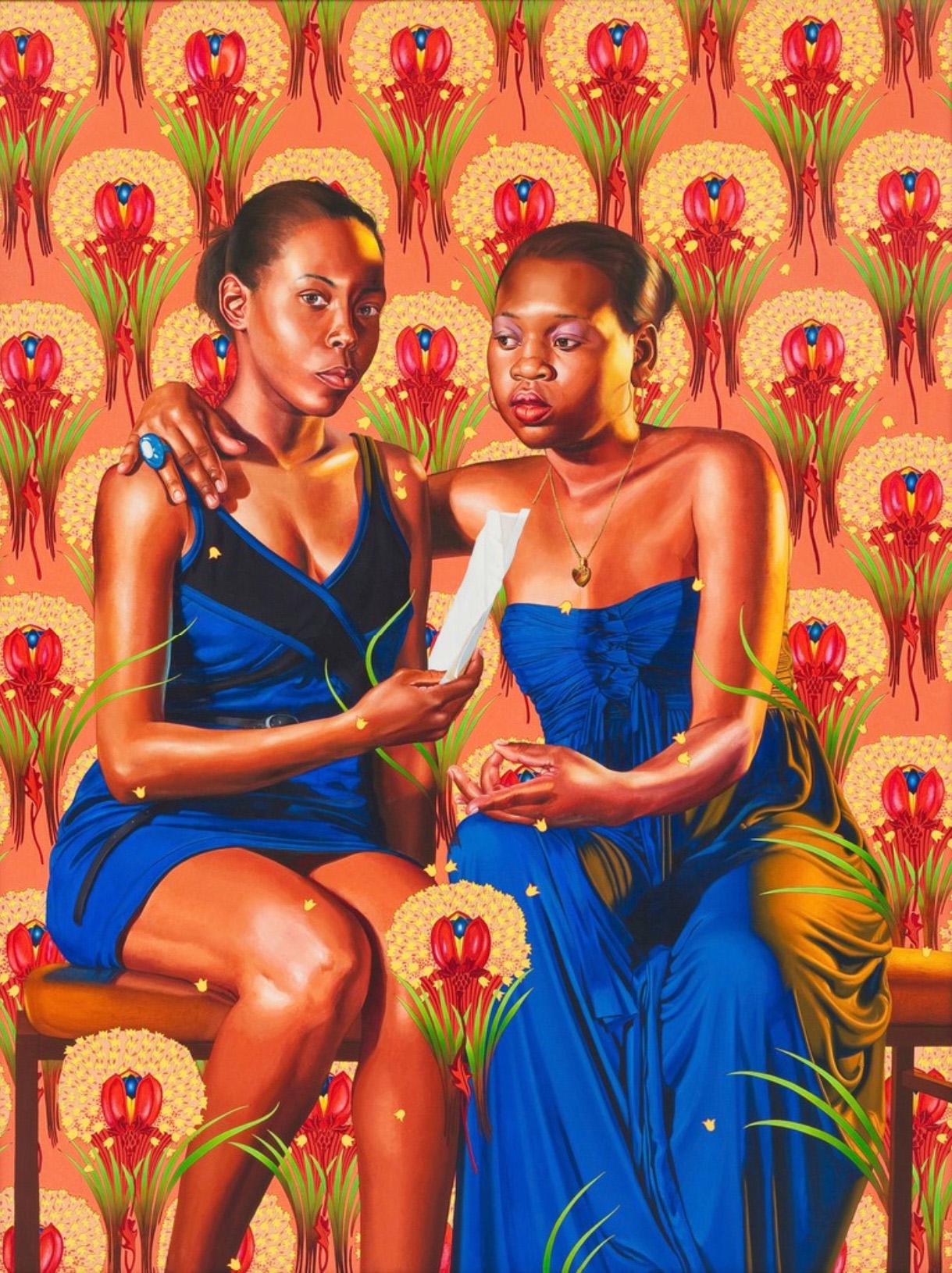 Kehinde Wiley’s The Sisters Zenaide And Charlotte Bonaparte. An inkjet print of two women dressed in blue sitting beside each other against a pink background with pink and white floral accents.