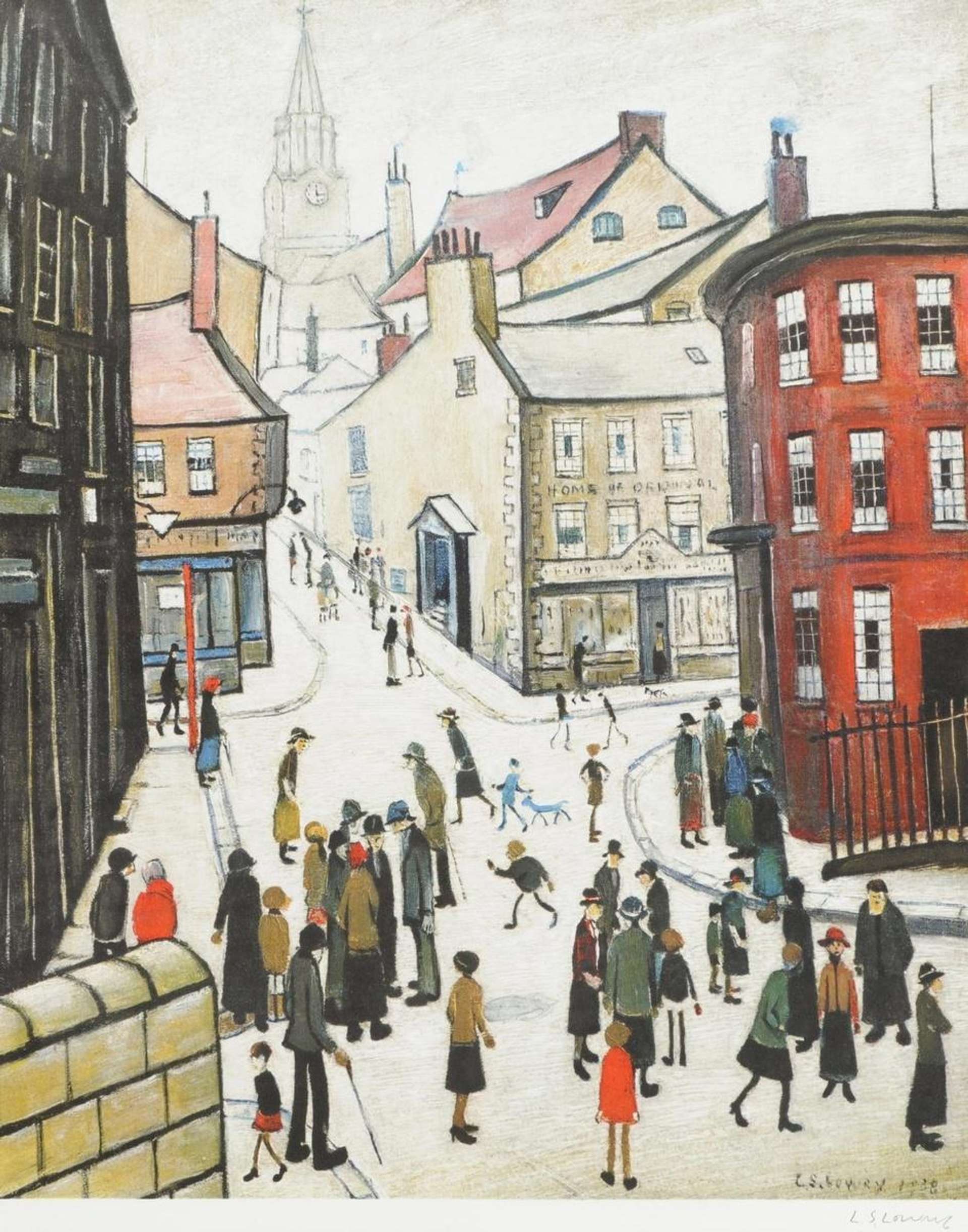  A close-up view of a cornered street in an English town, with a church in the background and buildings painted in red, brown, and white, surrounding matchstick figures gathered in the streets.