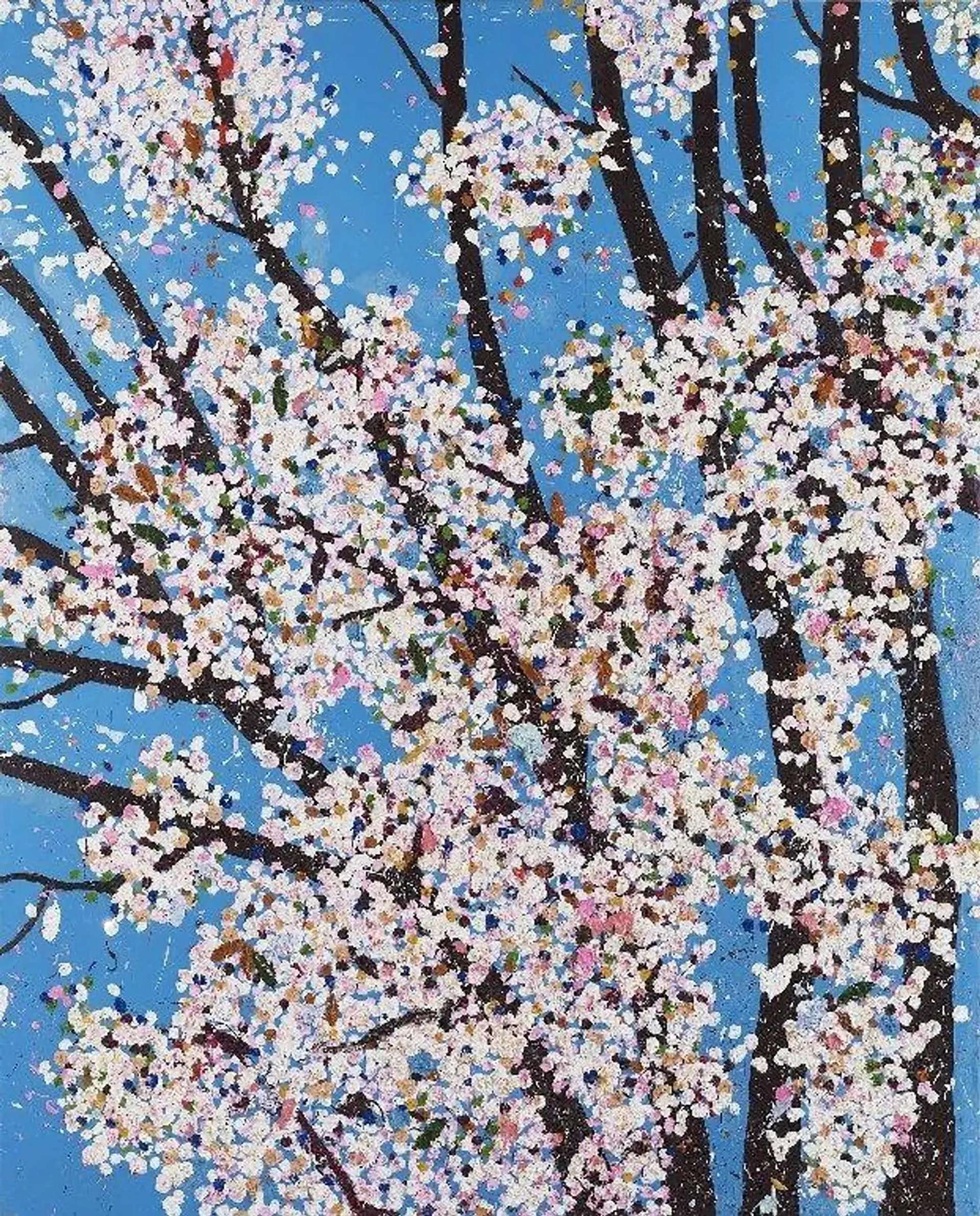 The print depicts a beautiful array of cherry blossoms in full bloom. The blossoms are rendered in light pink tones against a vibrant blue background. The soft pinks contrast with the blue sky, drawing attention to the natural beauty of the flowers.