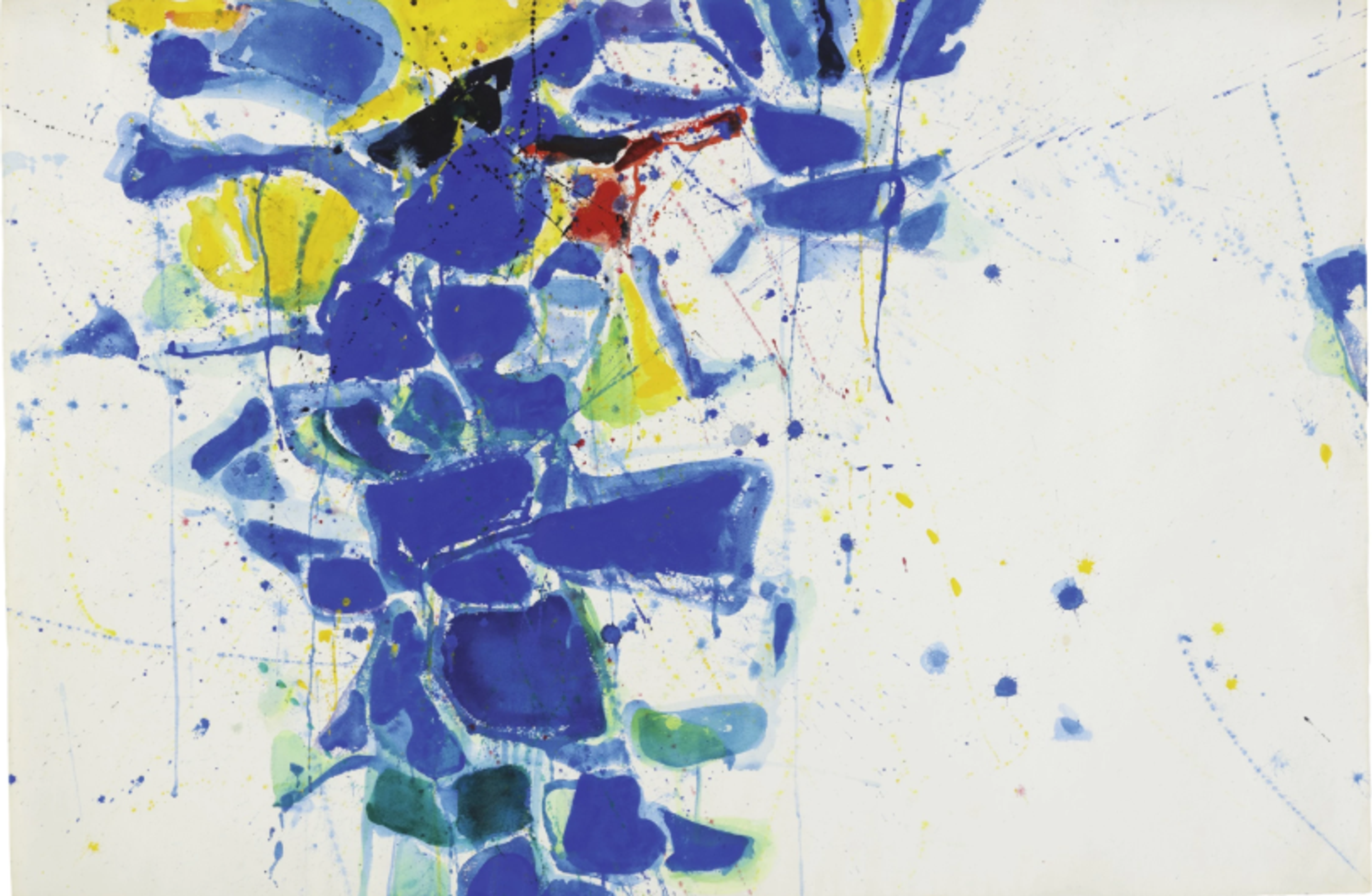 An abstract composition with an empty white background. Vertically through the centre-left, a muddle of blue, green, yellow, and orange cells of colour rise - primarily blue. The paint from each drips down. This mass of colour extends across the top of the canvas, falling in a larger drip on the far right. 