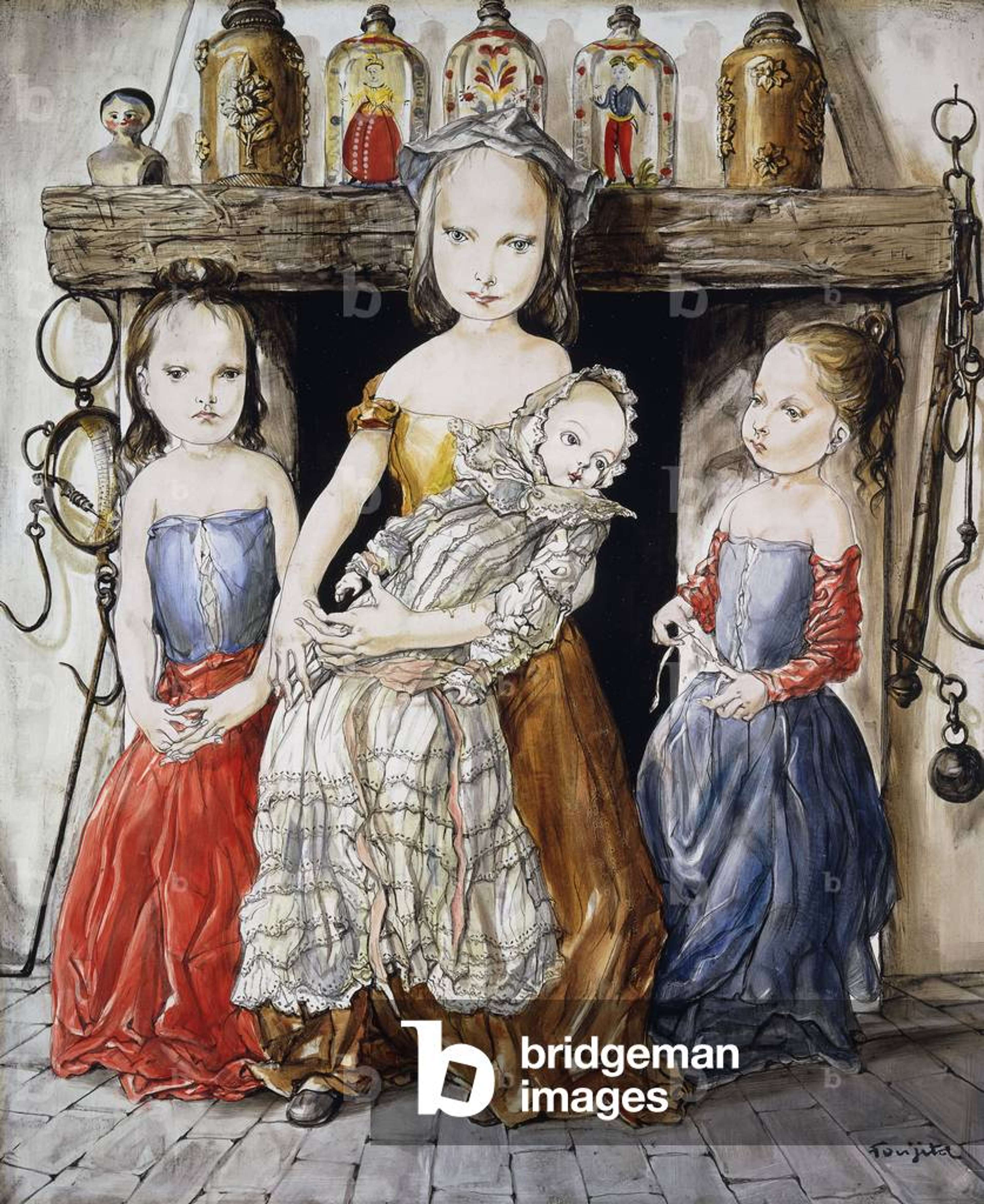 A painting of three young girls standing together, the middle is the tallest and holds a doll in a long white frilly dress. They all wear distinctive dresses in red, gold, and blue. The fireplace mantlepiece behind them displays antique dolls and decorative objects in jars. Beside them are sharp hooks and tools. The painting is drawn with fine, delicate lines and sharp detail, but has an illustrative, rather than realistic, finish.