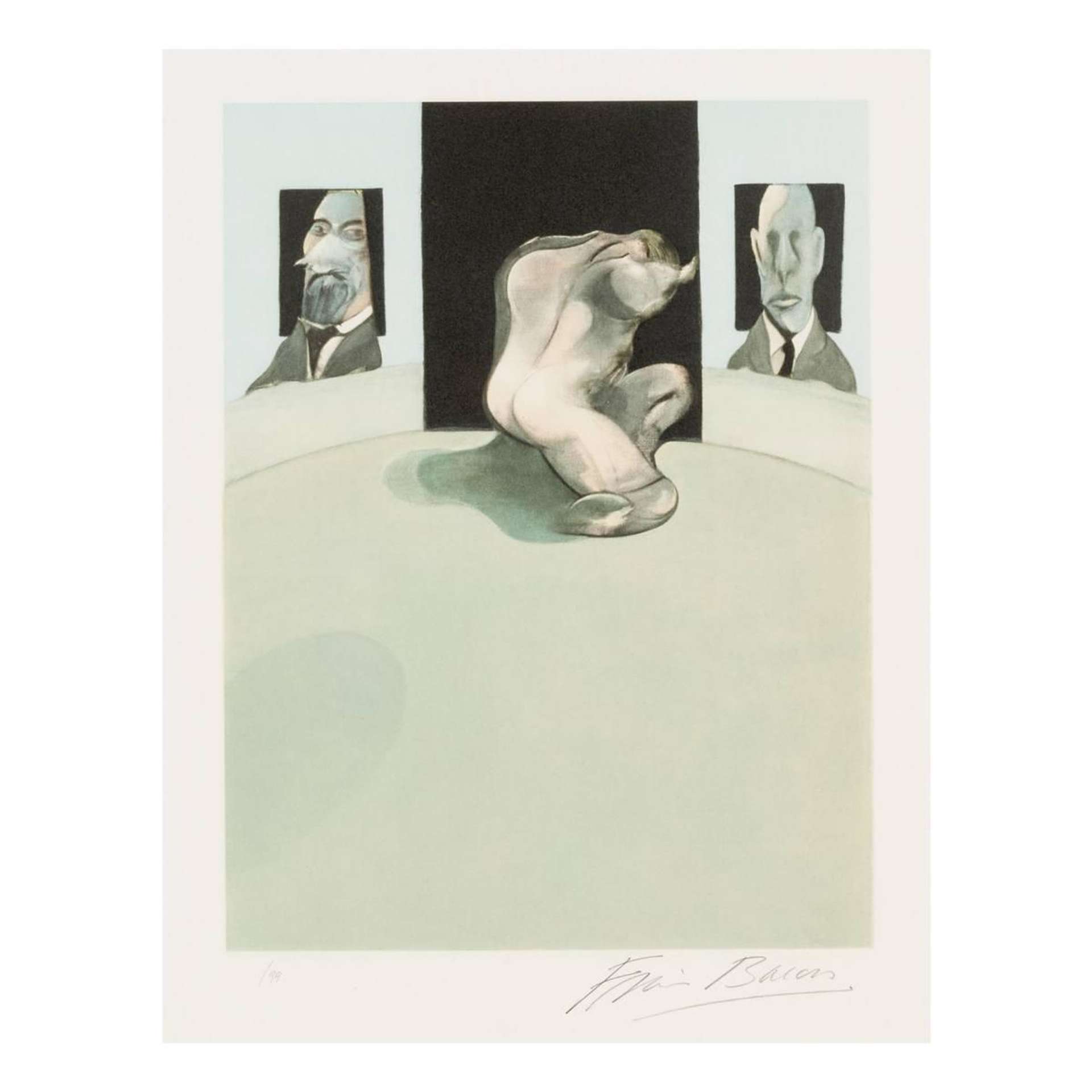 Francis Bacon's The Metropolitan Triptych (centre panel).  Abstract painting of a man kneeling down before two other portraits