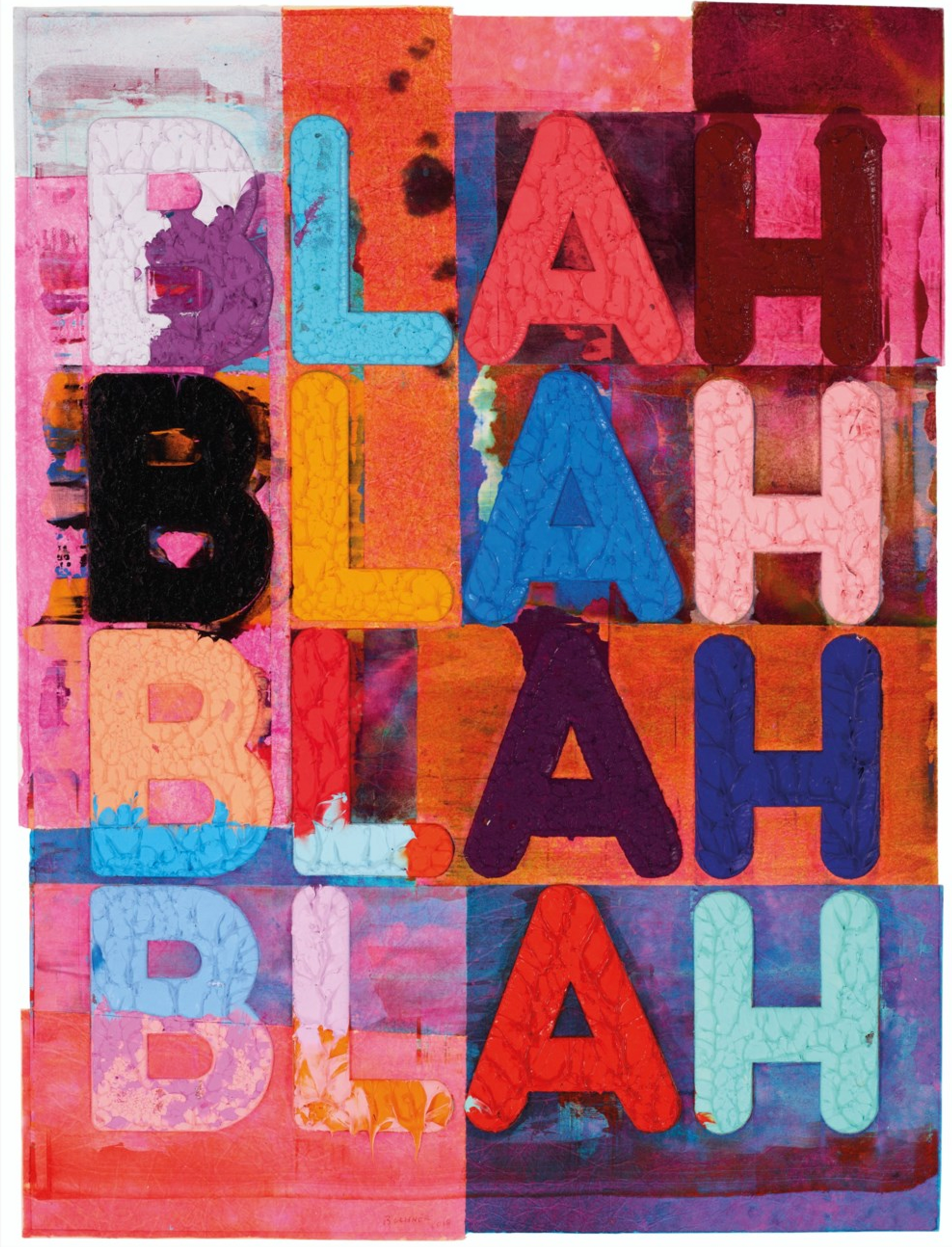 A vibrant abstract artwork by Mel Bochner featuring the repetition of the word "BLAH" stacked four times.