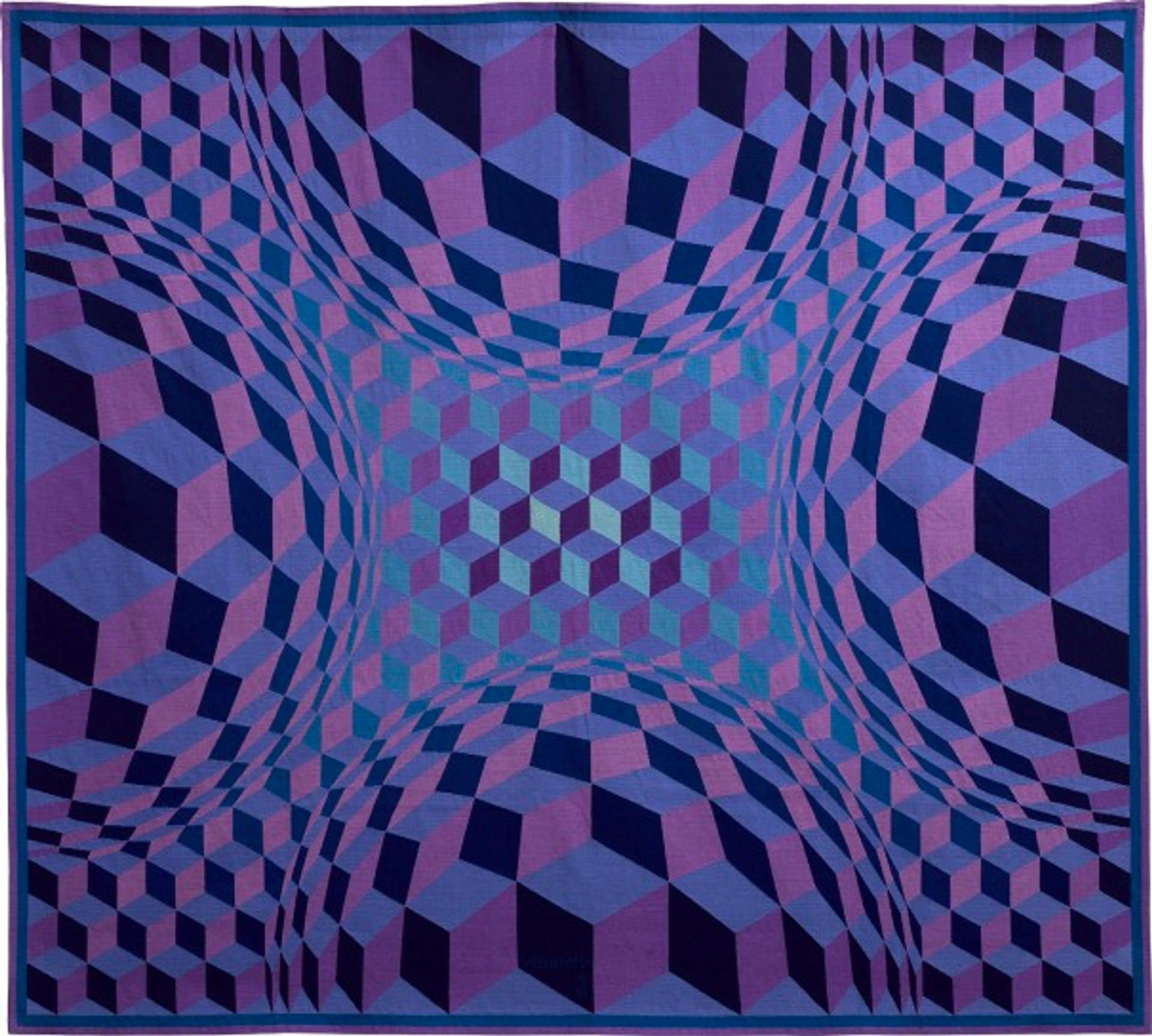 An abstracted composition made of various purple and blue three-dimensional cubes over-lapping each other to create a pull in-and-out optical effect.