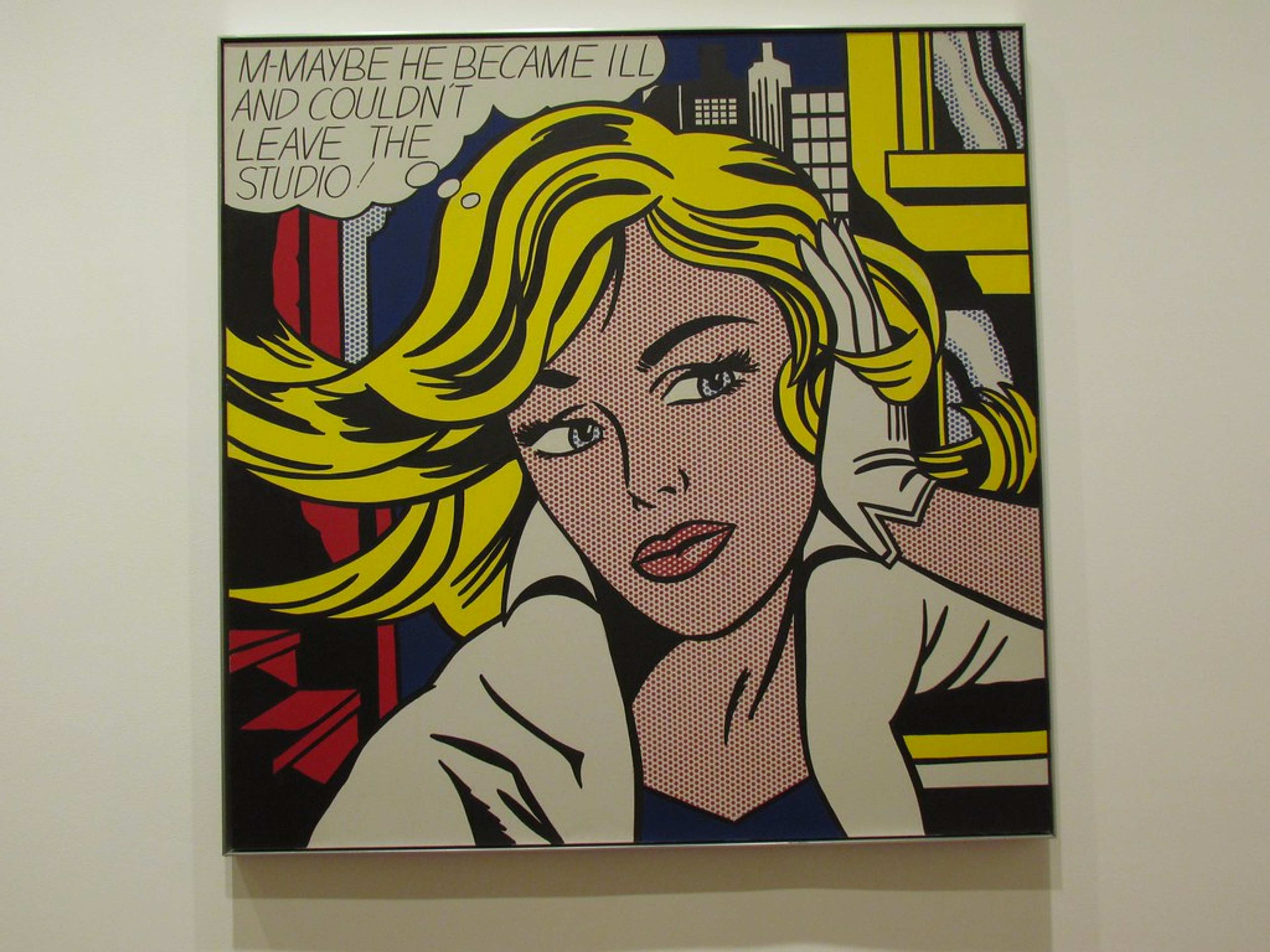 M-Maybe depicts a blonde girl awaiting a man in a vague but urban setting. The thought bubble reads "M–Maybe he became ill and couldn’t leave the studio". The text and her expression jointly capture her continuing worry and anticipation.