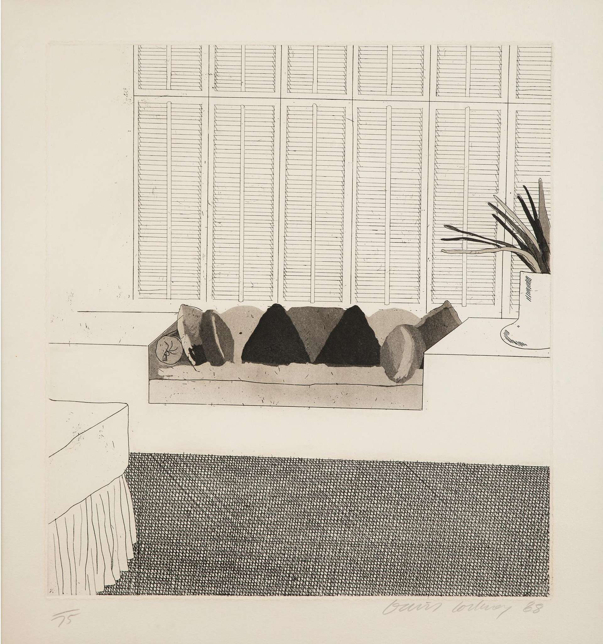 David Hockney’s Cushions. A black and white etching of an interior setting of a cushioned nook area in front of closed shutters and a house plant.